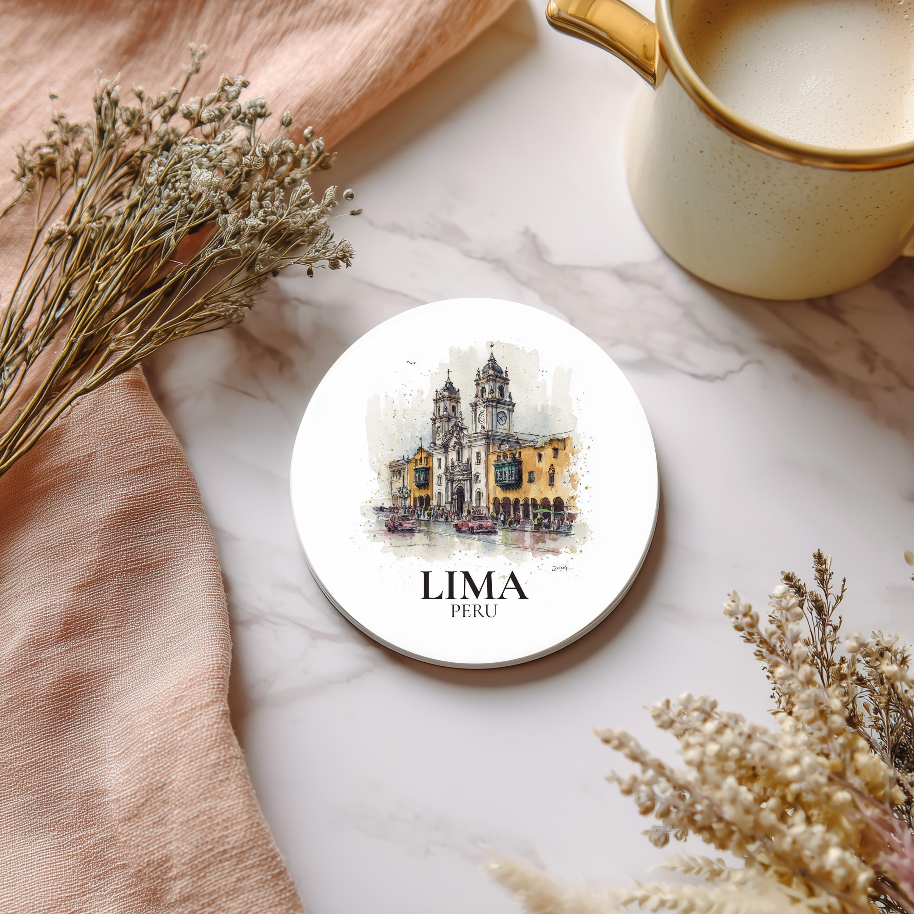 Lima Peru Coaster, Watercolor Personalized Painting, Travel Gift Souvenir, Home Decor, Ceramic Set