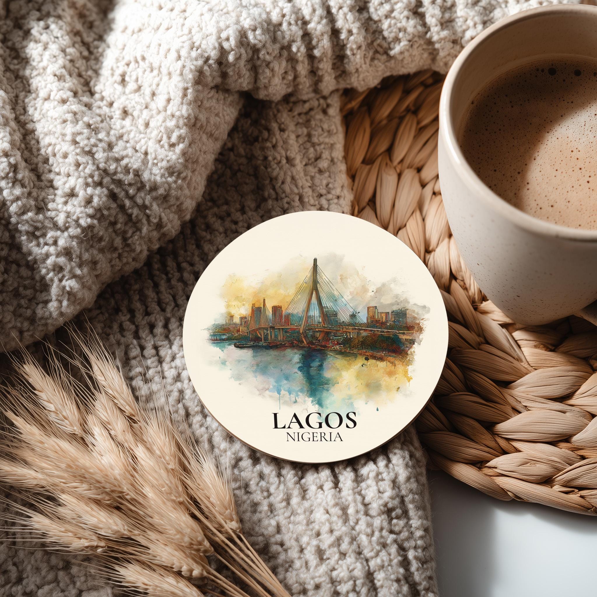 Lagos Nigeria Coaster, Watercolor Personalized Painting, Travel Gift Souvenir, Home Decor, Ceramic Set