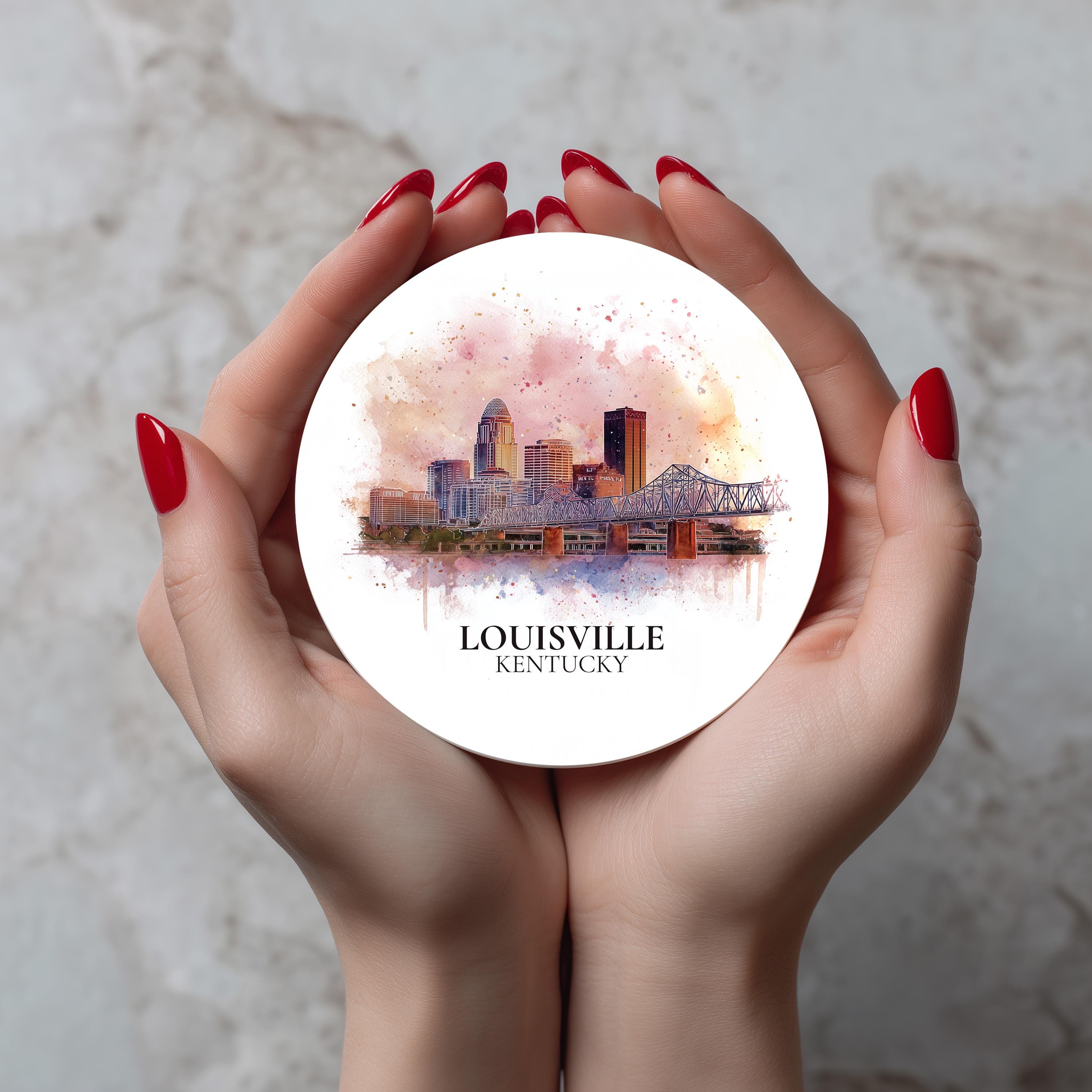 Louisville Kentucky Coaster, Watercolor Personalized Painting, Travel Gift Souvenir, Home Decor, Ceramic Set