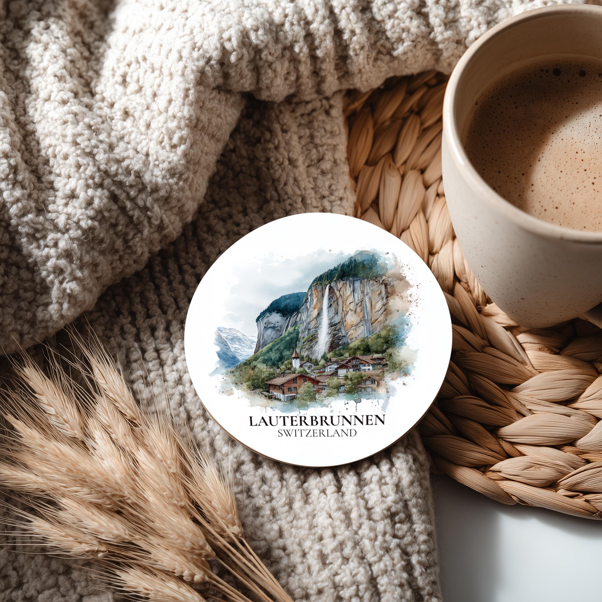Lauterbrunnen Switzerland Coaster, Watercolor Personalized Painting, Travel Gift Souvenir, Home Decor, Ceramic Set