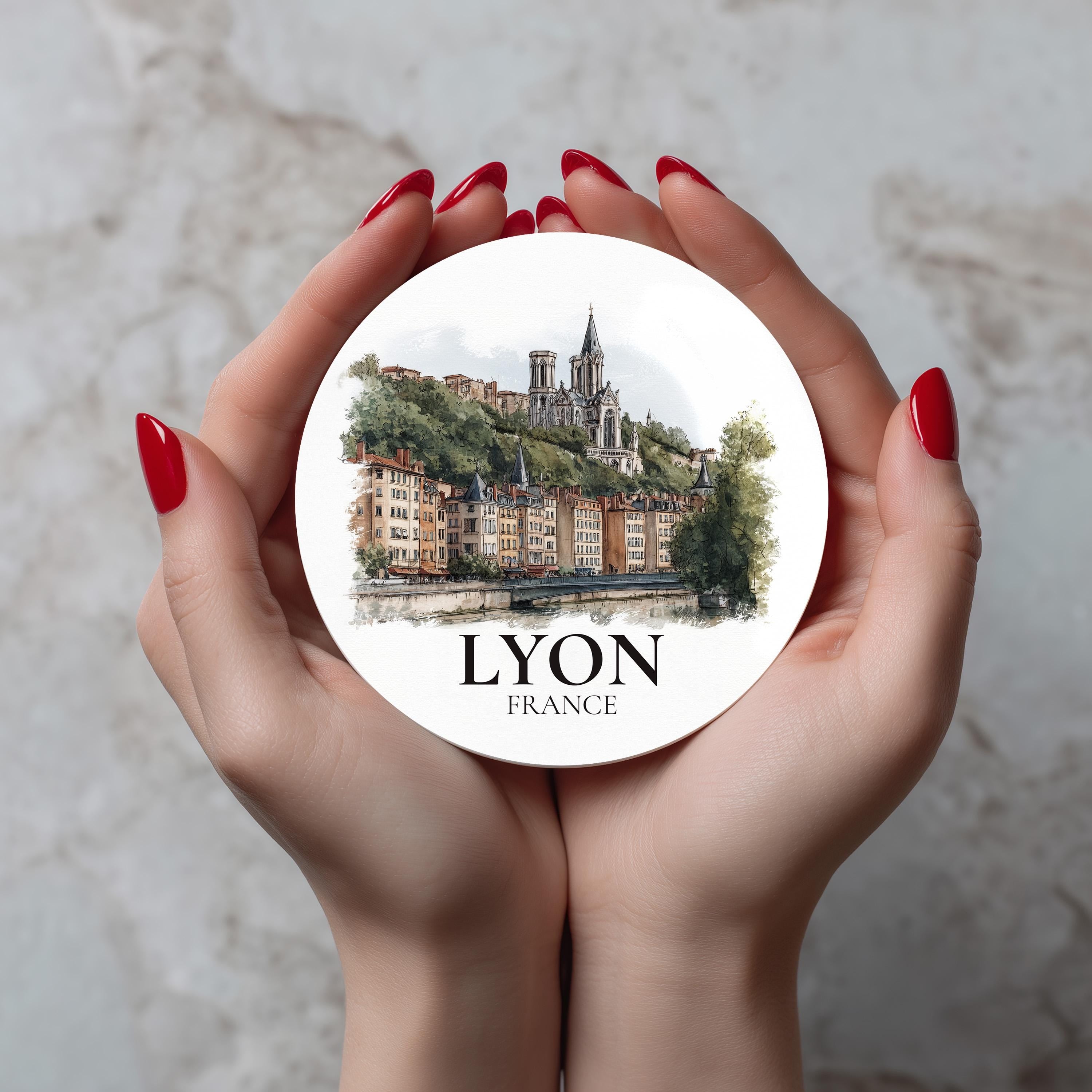 Lyon France Coaster, Watercolor Personalized Painting, Travel Gift Souvenir, Home Decor, Ceramic Set