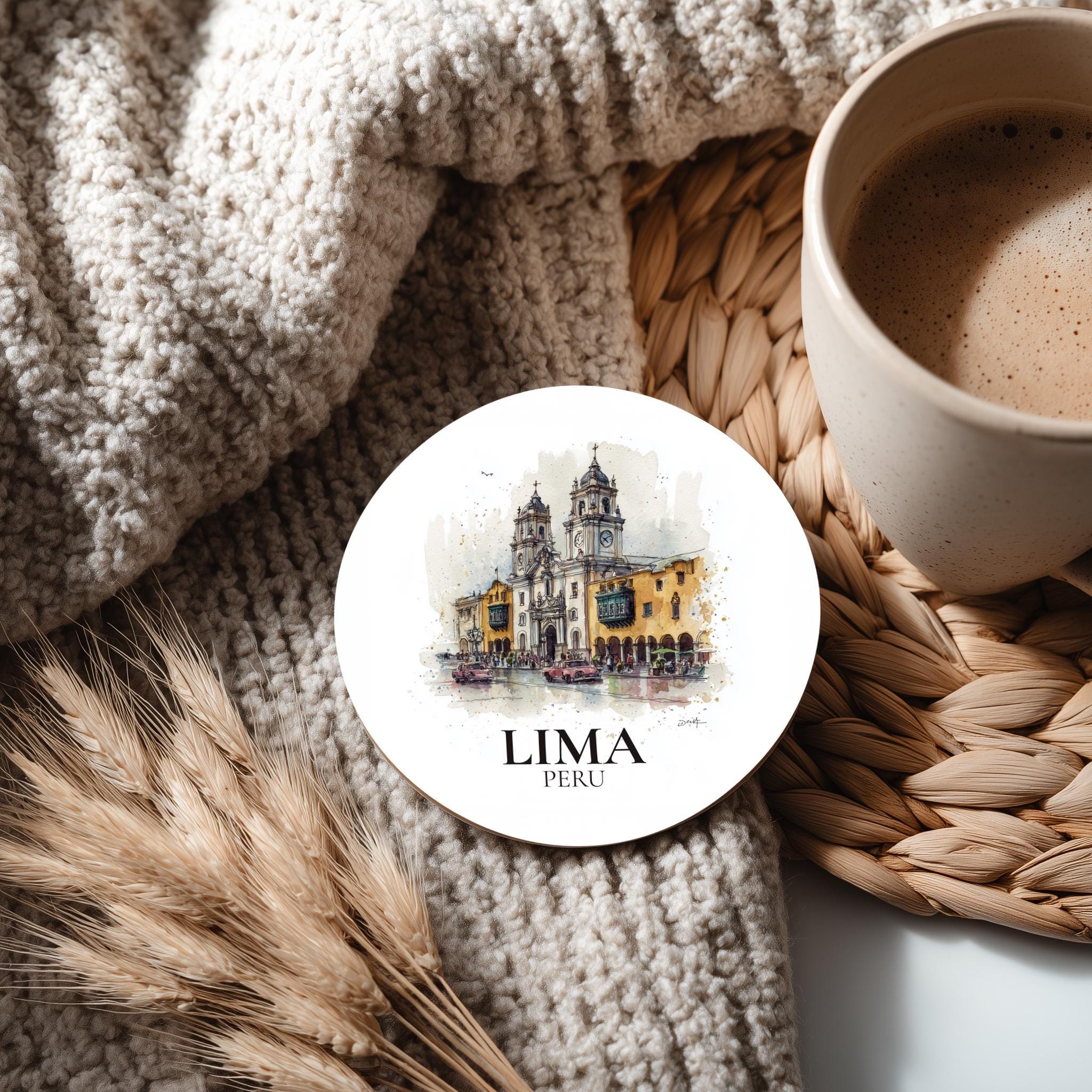Lima Peru Coaster, Watercolor Personalized Painting, Travel Gift Souvenir, Home Decor, Ceramic Set