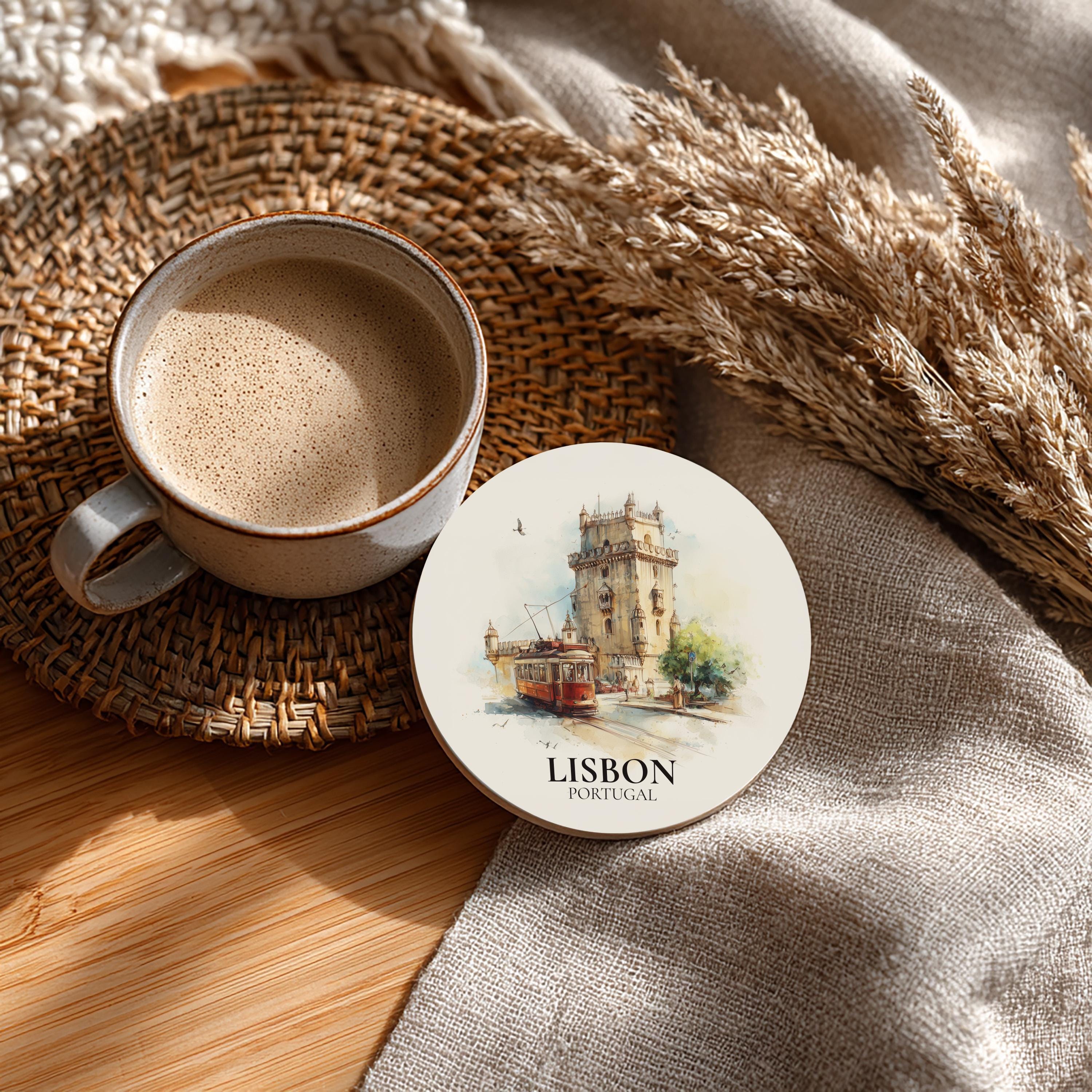 Lisbon Portugal Coaster, Watercolor Personalized Painting, Travel Gift Souvenir, Home Decor, Ceramic Set