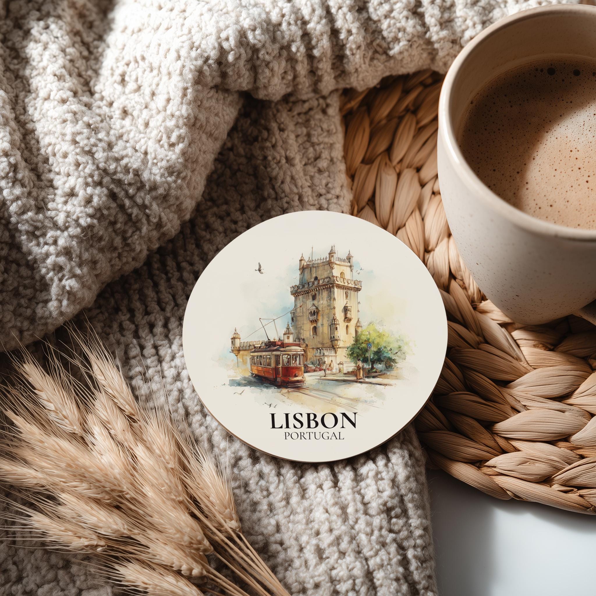 Lisbon Portugal Coaster, Watercolor Personalized Painting, Travel Gift Souvenir, Home Decor, Ceramic Set