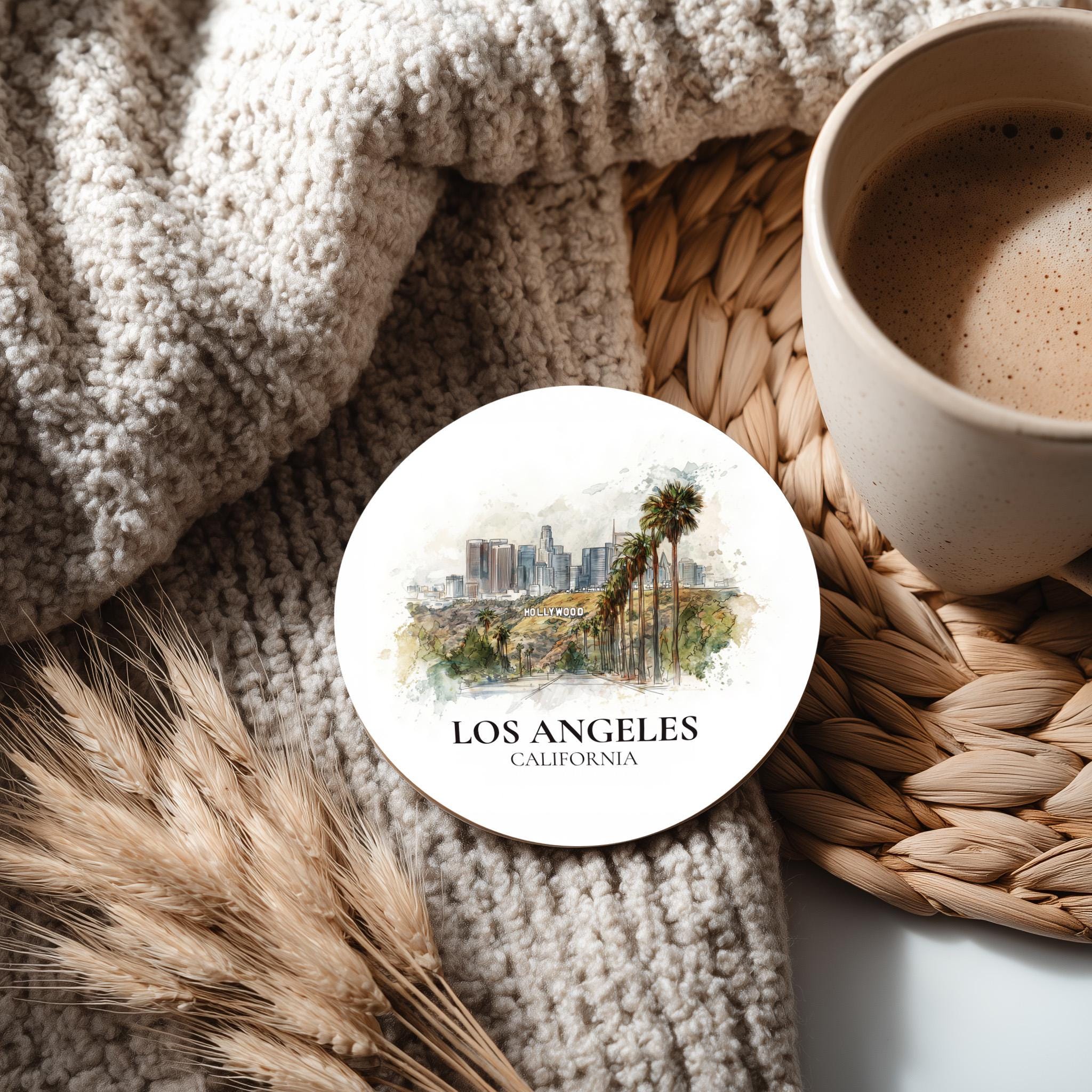 Los Angeles California Coaster, Watercolor Personalized Painting, Travel Gift Souvenir, Home Decor, Ceramic Set