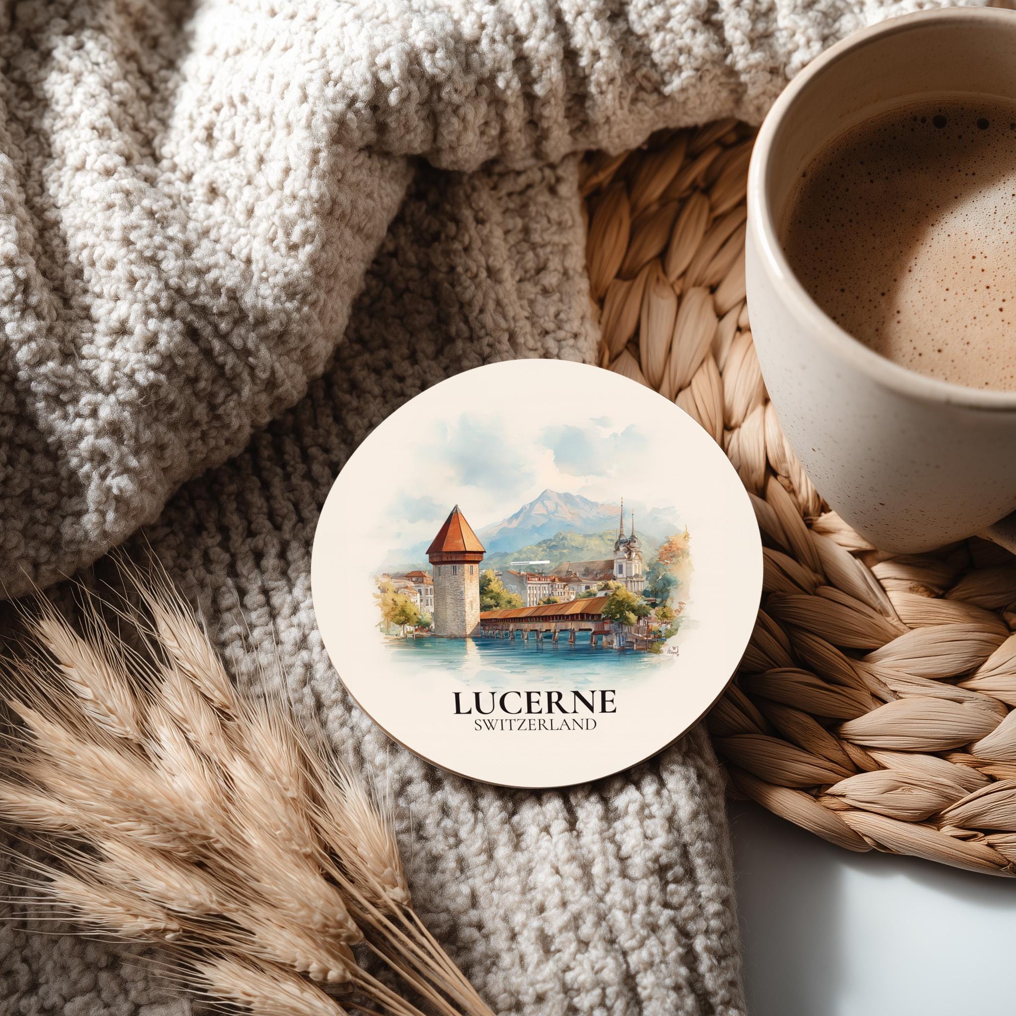 Lucerne Switzerland Coaster, Watercolor Personalized Painting, Travel Gift Souvenir, Home Decor, Ceramic Set