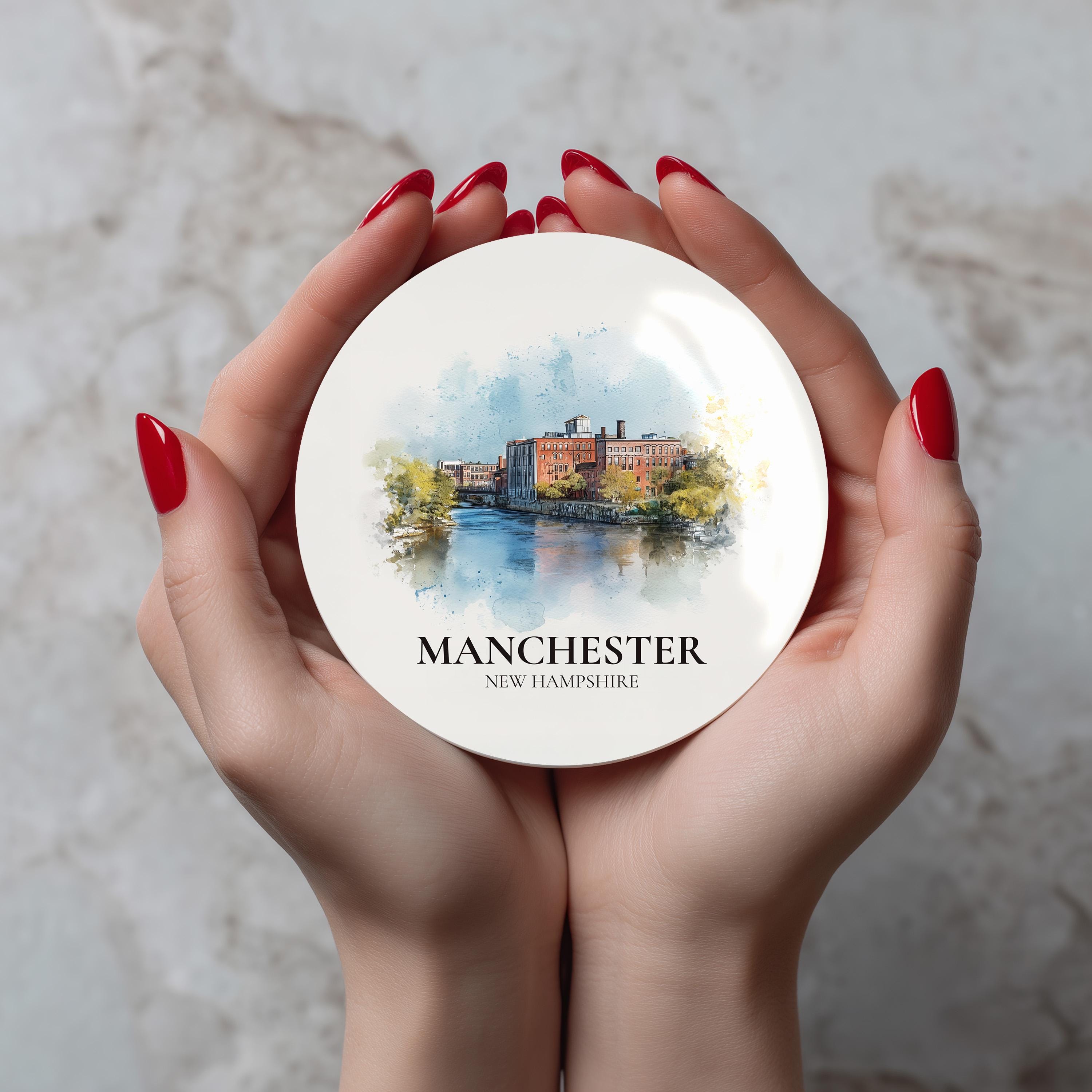 Manchester New Hampshire Coaster, Watercolor Personalized Painting, Travel Gift Souvenir, Home Decor, Ceramic Set