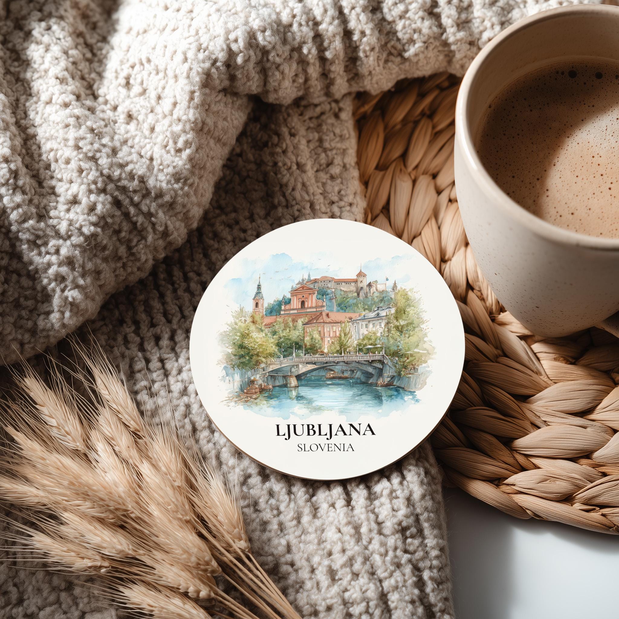 Ljubljana Slovenia Coaster, Watercolor Personalized Painting, Travel Gift Souvenir, Home Decor, Ceramic Set