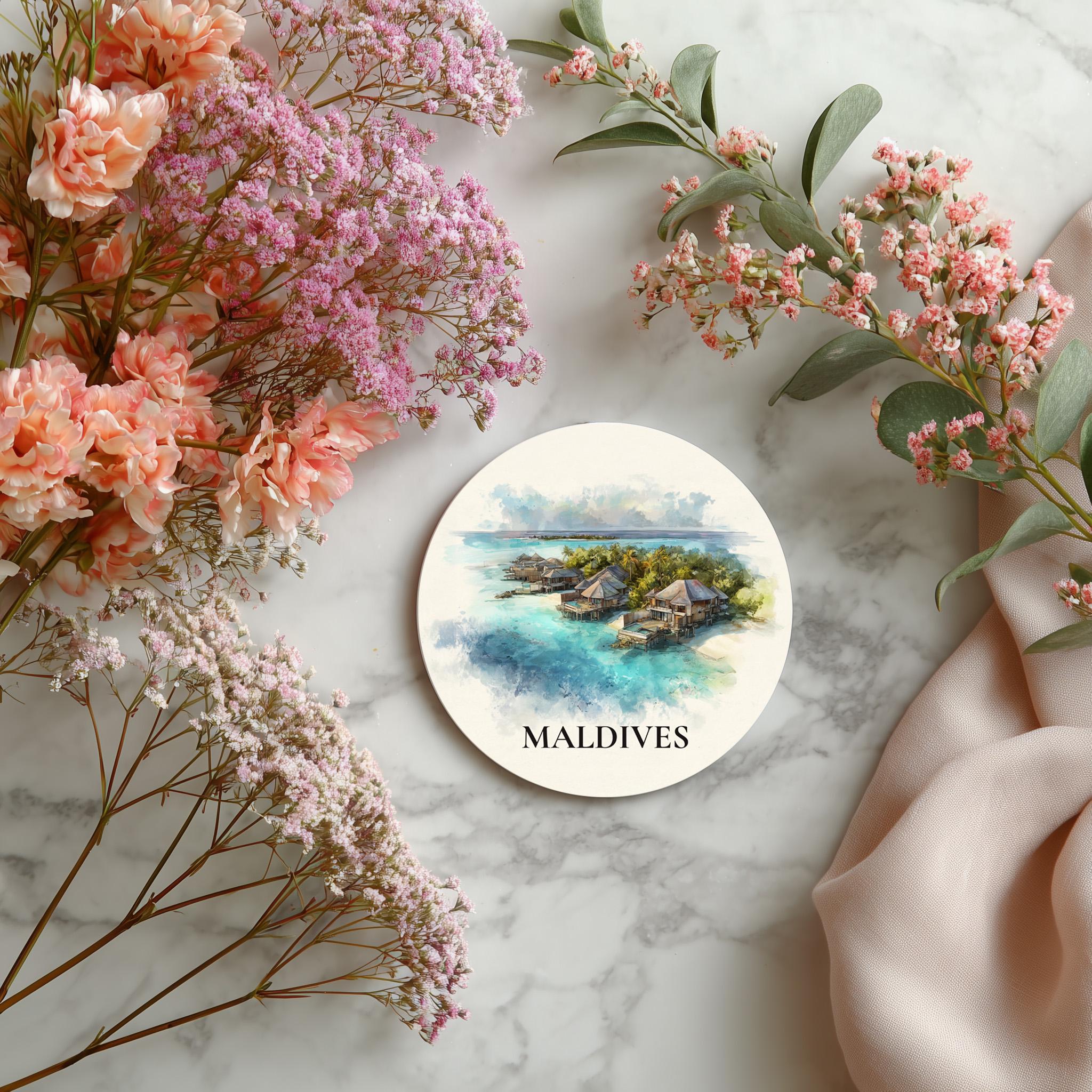 Maldives2 Coaster, Watercolor Personalized Painting, Travel Gift Souvenir, Home Decor, Ceramic Set