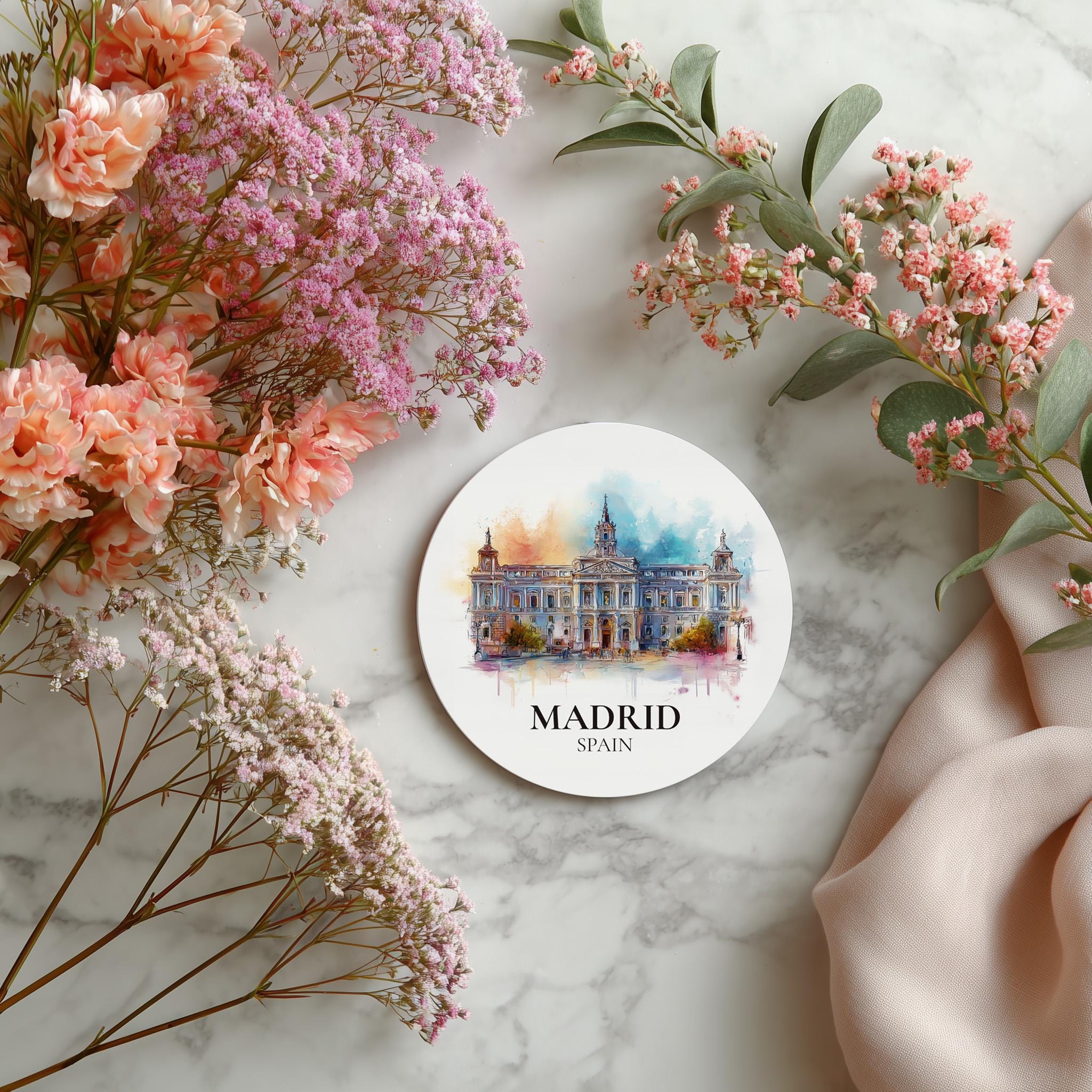 Madrid Spain Coaster, Watercolor Personalized Painting, Travel Gift Souvenir, Home Decor, Ceramic Set