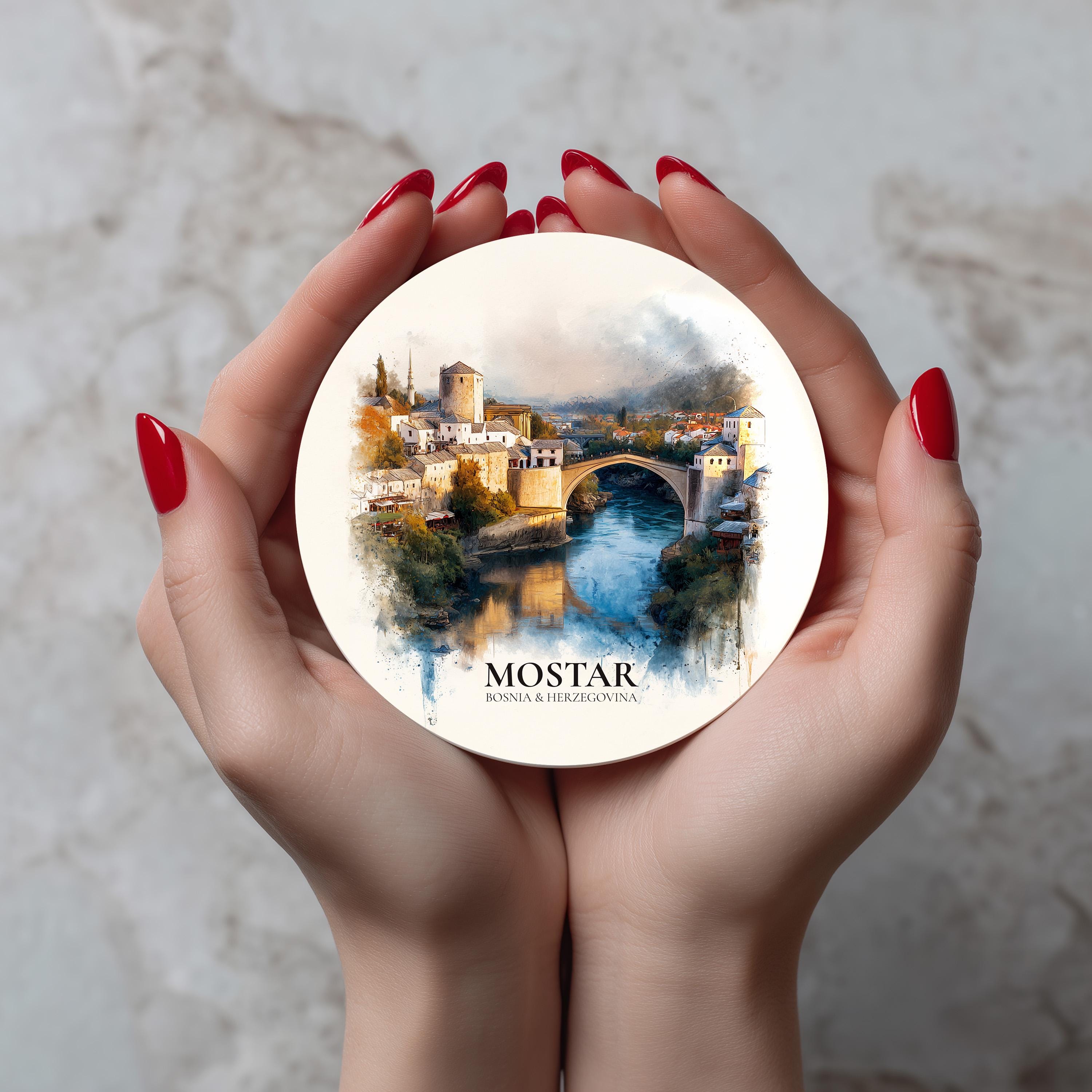 Mostar Bosnia and Herzegovina Coaster, Watercolor Personalized Painting, Travel Gift Souvenir, Home Decor, Ceramic Set