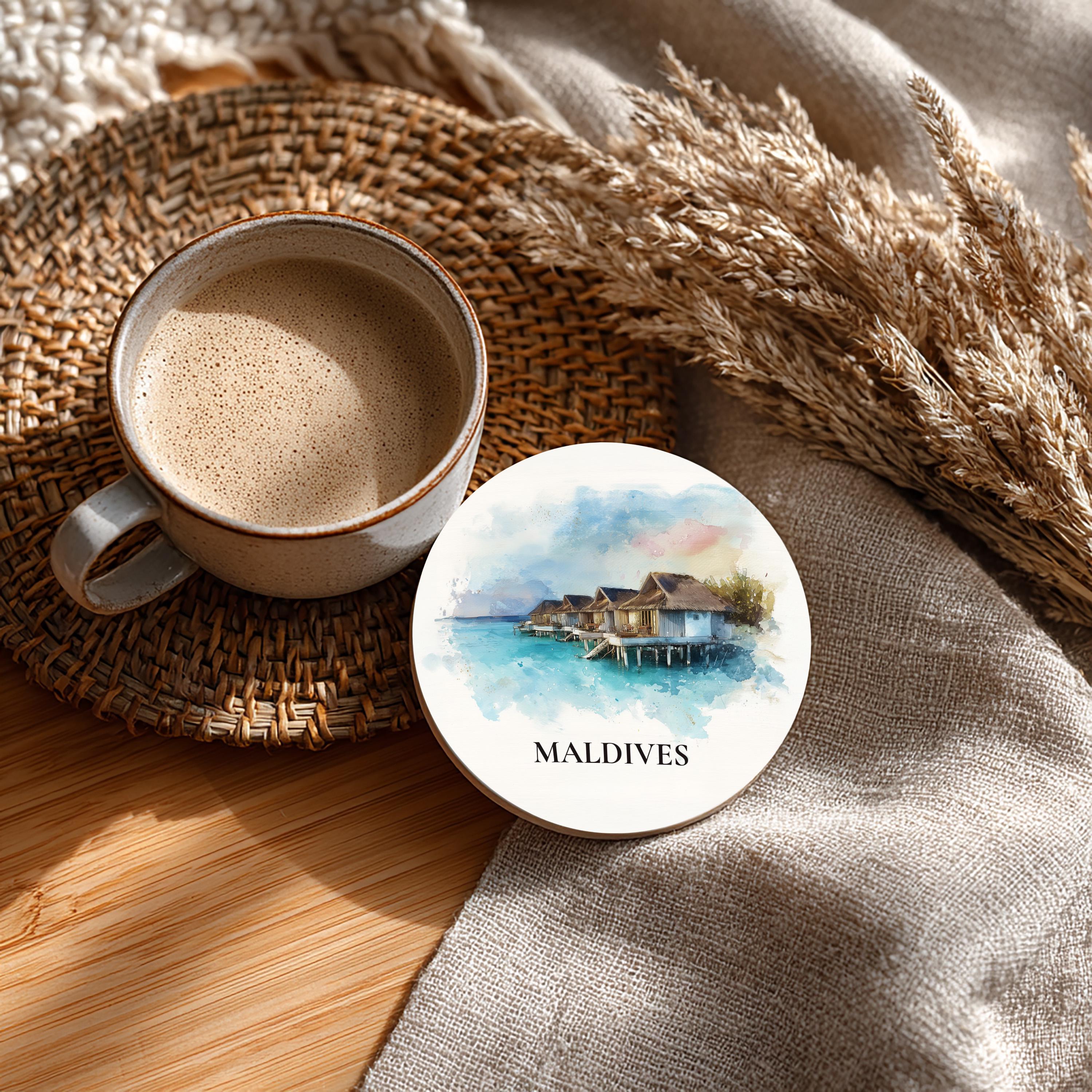 Maldives Coaster, Watercolor Personalized Painting, Travel Gift Souvenir, Home Decor, Ceramic Set