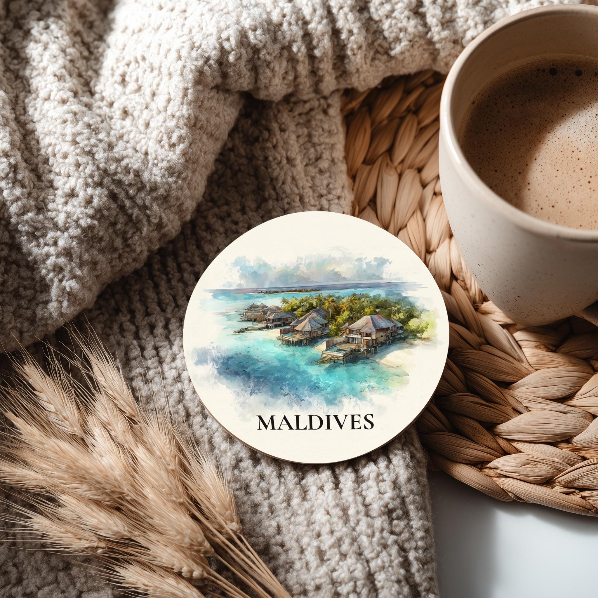 Maldives2 Coaster, Watercolor Personalized Painting, Travel Gift Souvenir, Home Decor, Ceramic Set