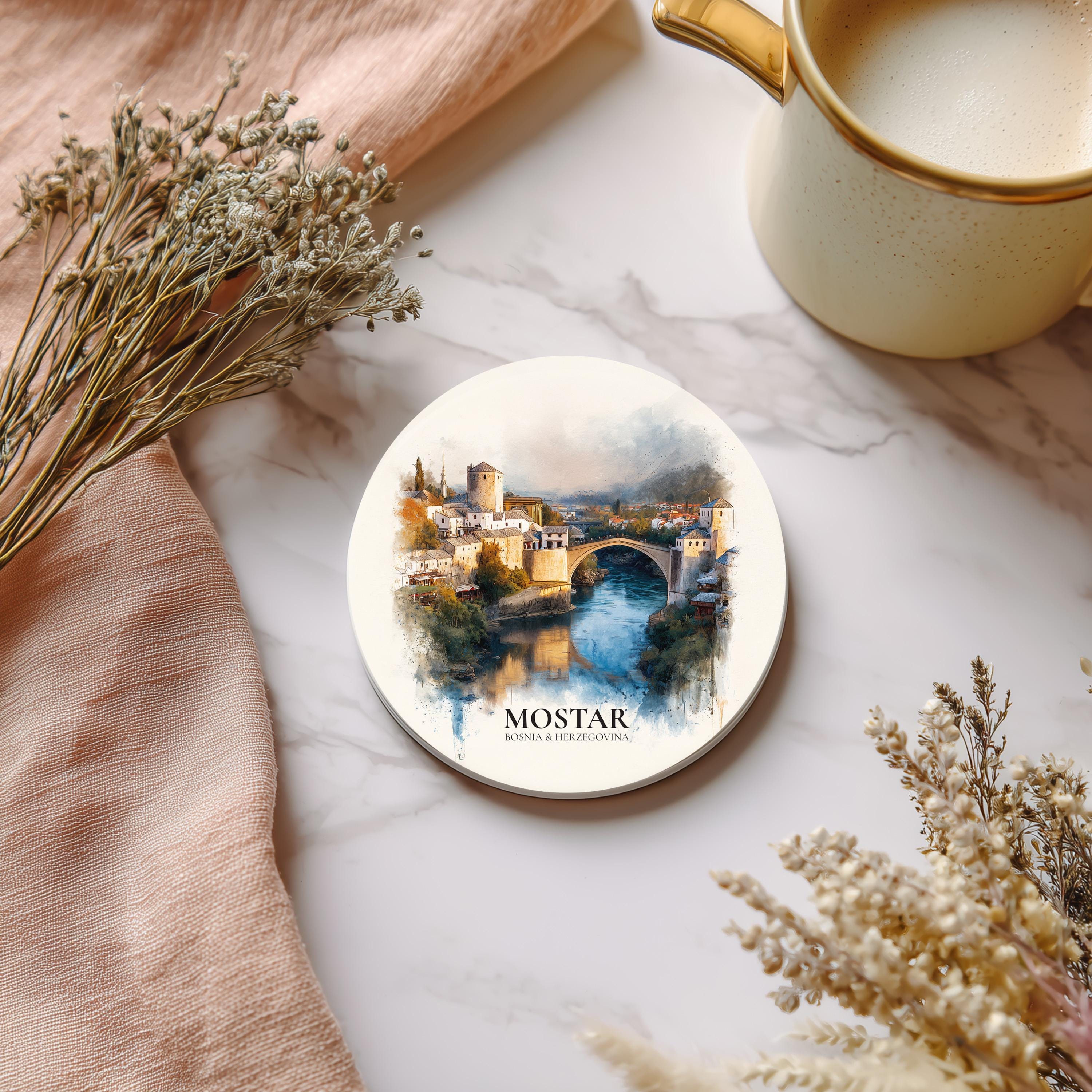 Mostar Bosnia and Herzegovina Coaster, Watercolor Personalized Painting, Travel Gift Souvenir, Home Decor, Ceramic Set