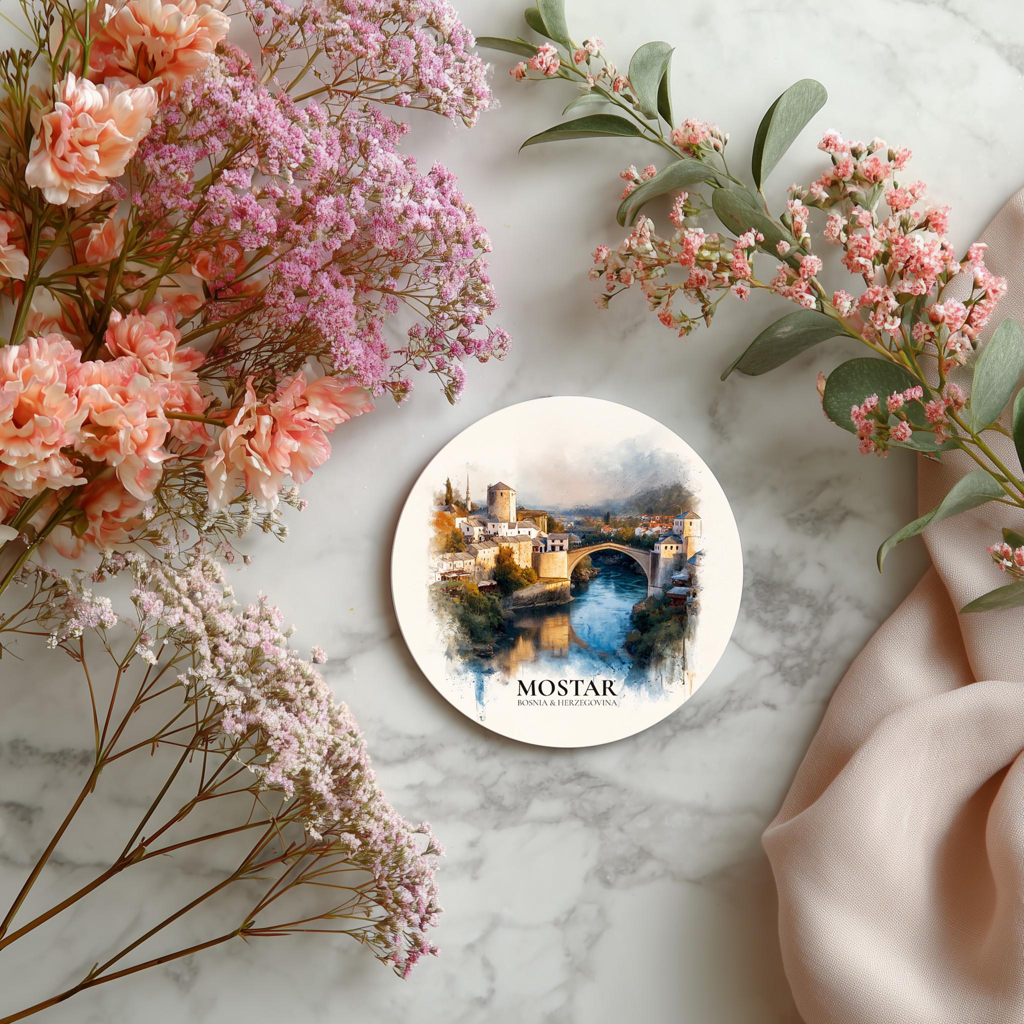 Mostar Bosnia and Herzegovina Coaster, Watercolor Personalized Painting, Travel Gift Souvenir, Home Decor, Ceramic Set