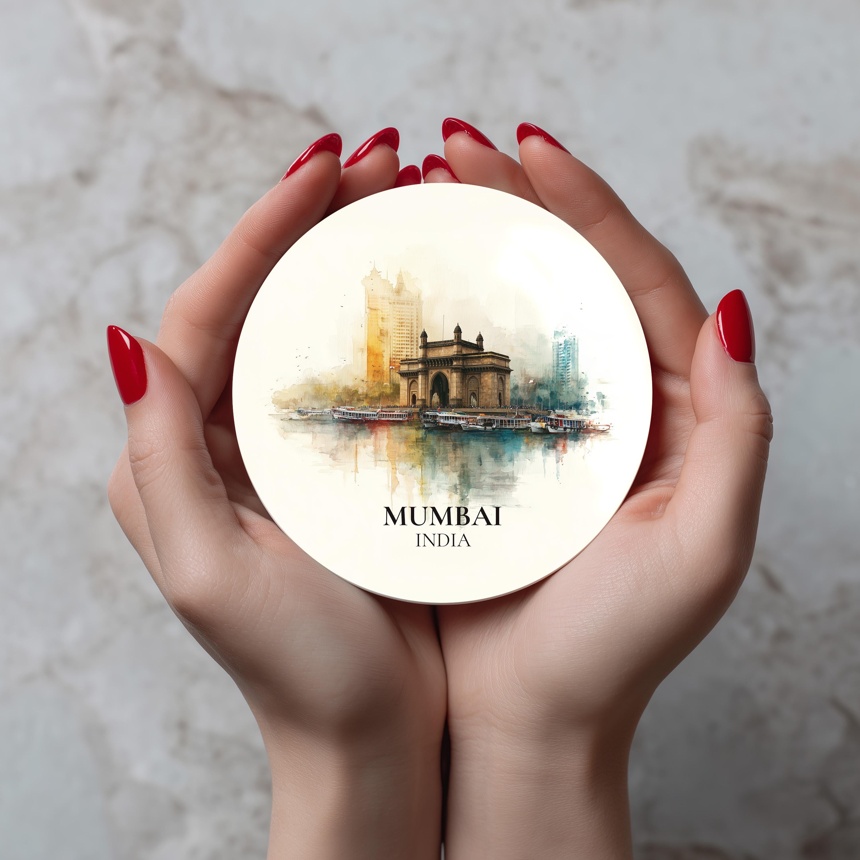 Mumbai India Coaster, Watercolor Personalized Painting, Travel Gift Souvenir, Home Decor, Ceramic Set