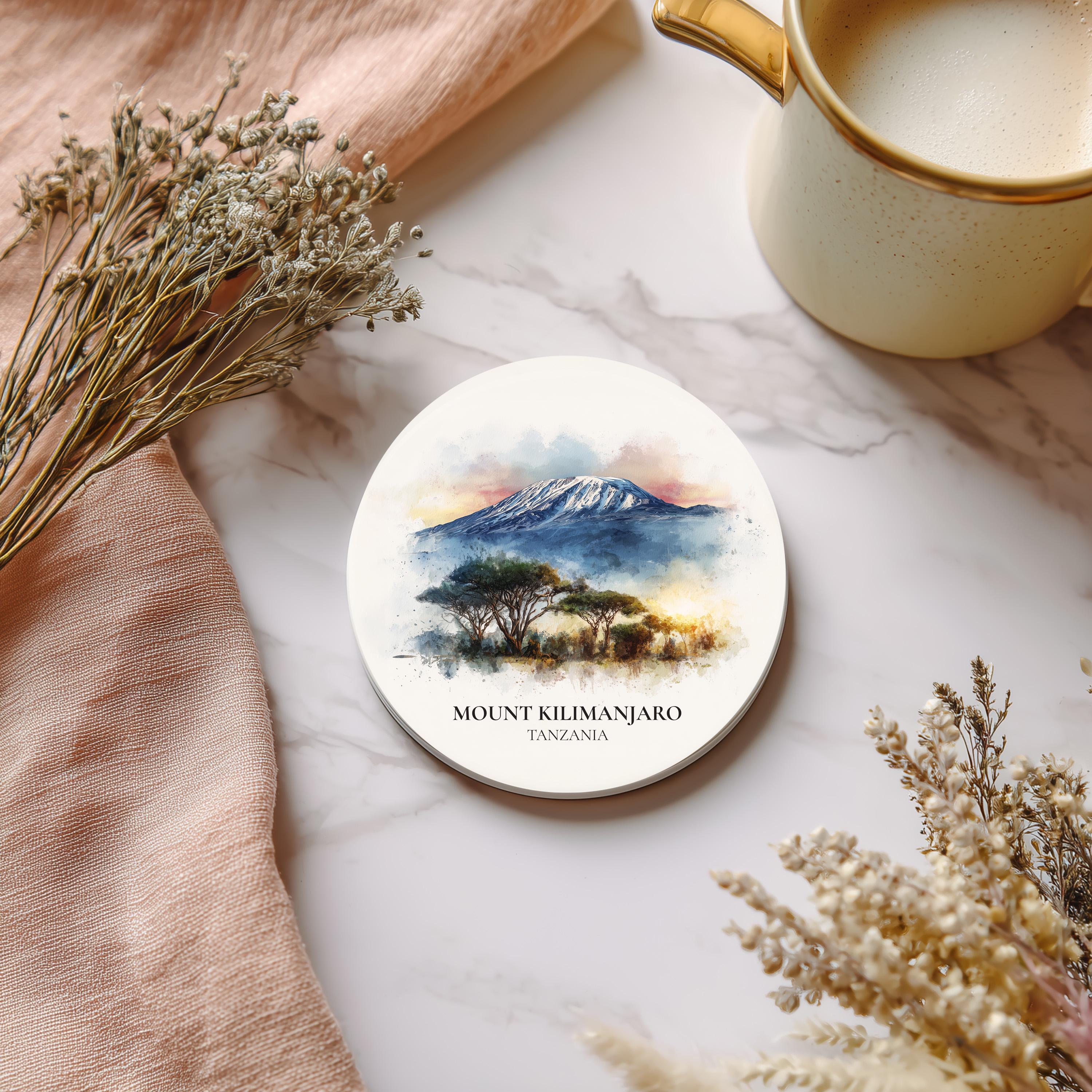 Mount Kilimanjaro Tanzania Coaster, Watercolor Personalized Painting, Travel Gift Souvenir, Home Decor, Ceramic Set