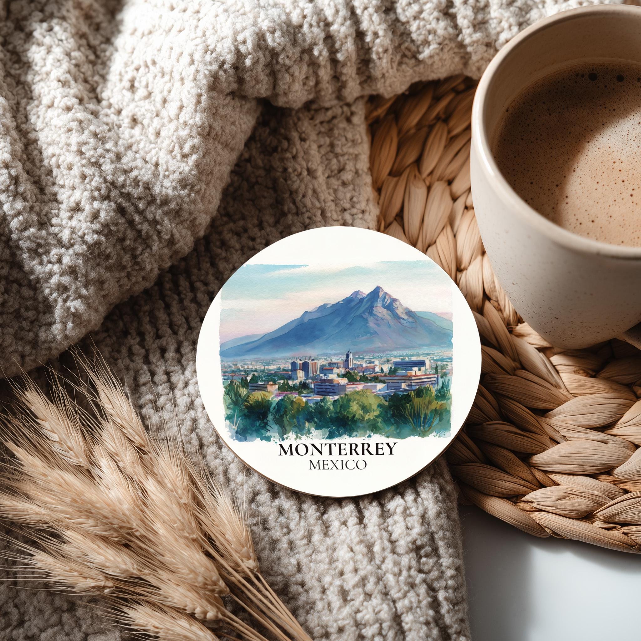 Monterrey Mexico Coaster, Watercolor Personalized Painting, Travel Gift Souvenir, Home Decor, Ceramic Set