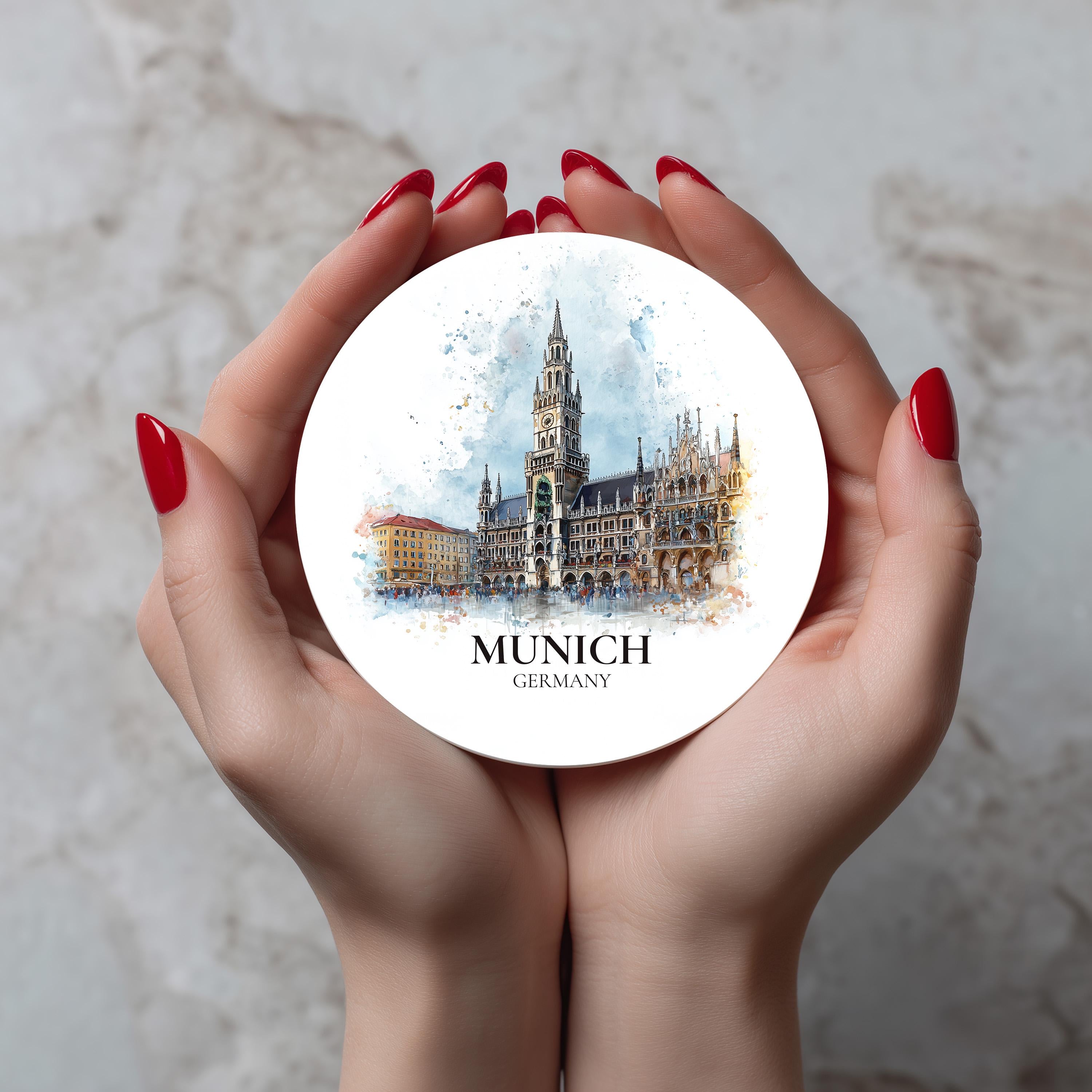 Munich Germany Coaster, Watercolor Personalized Painting, Travel Gift Souvenir, Home Decor, Ceramic Set
