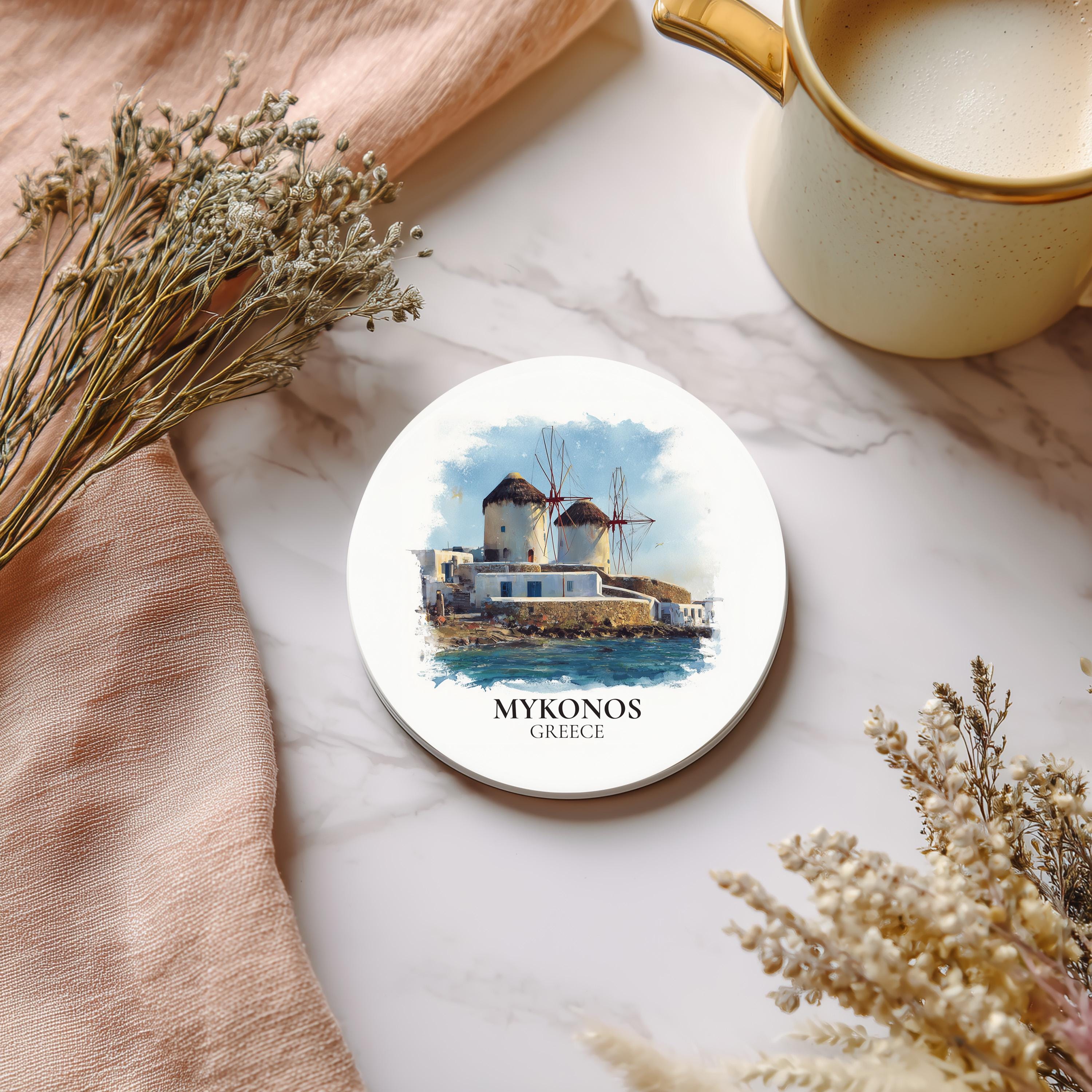 Mykonos Greece Coaster, Watercolor Personalized Painting, Travel Gift Souvenir, Home Decor, Ceramic Set