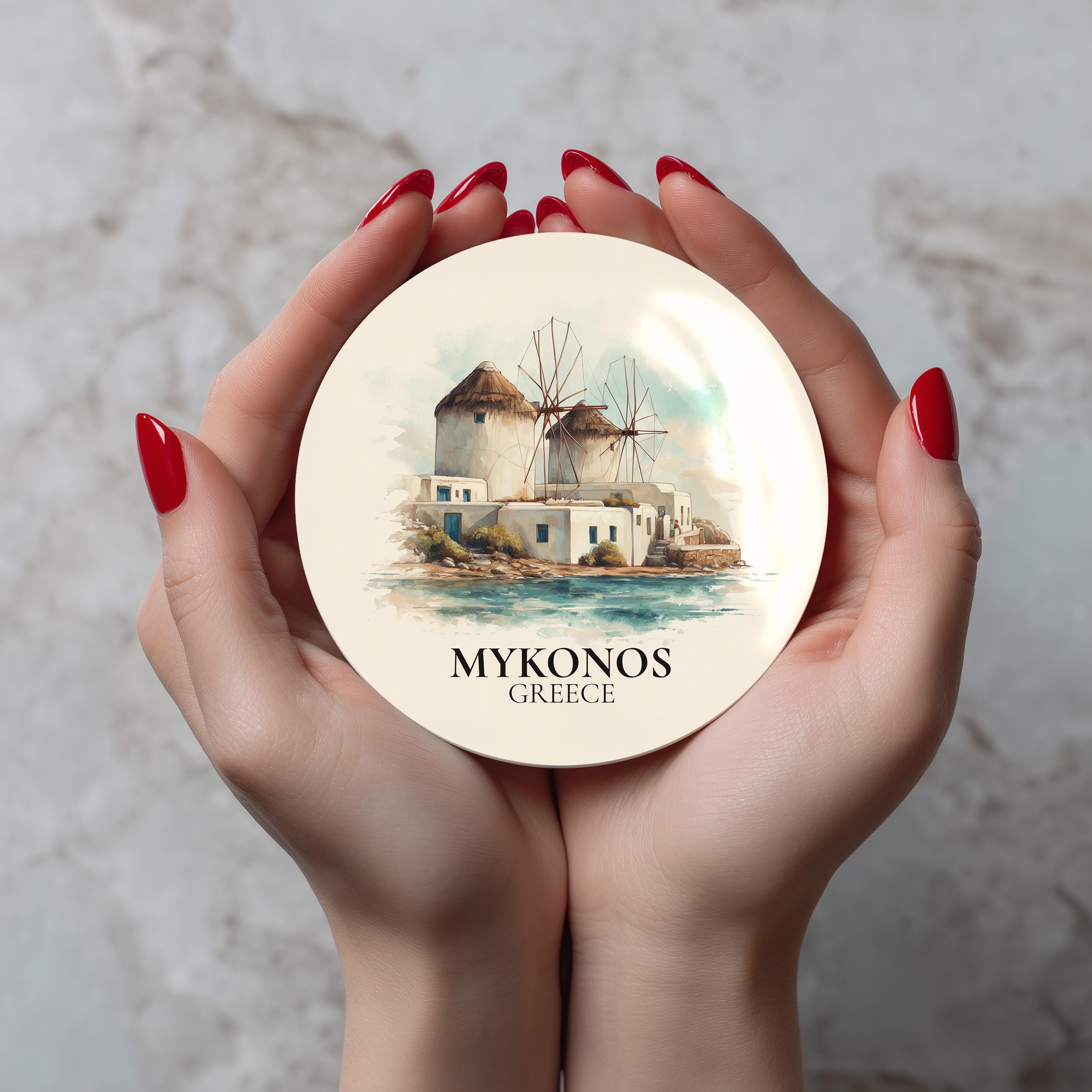 Mykonos Greece2 Coaster, Watercolor Personalized Painting, Travel Gift Souvenir, Home Decor, Ceramic Set