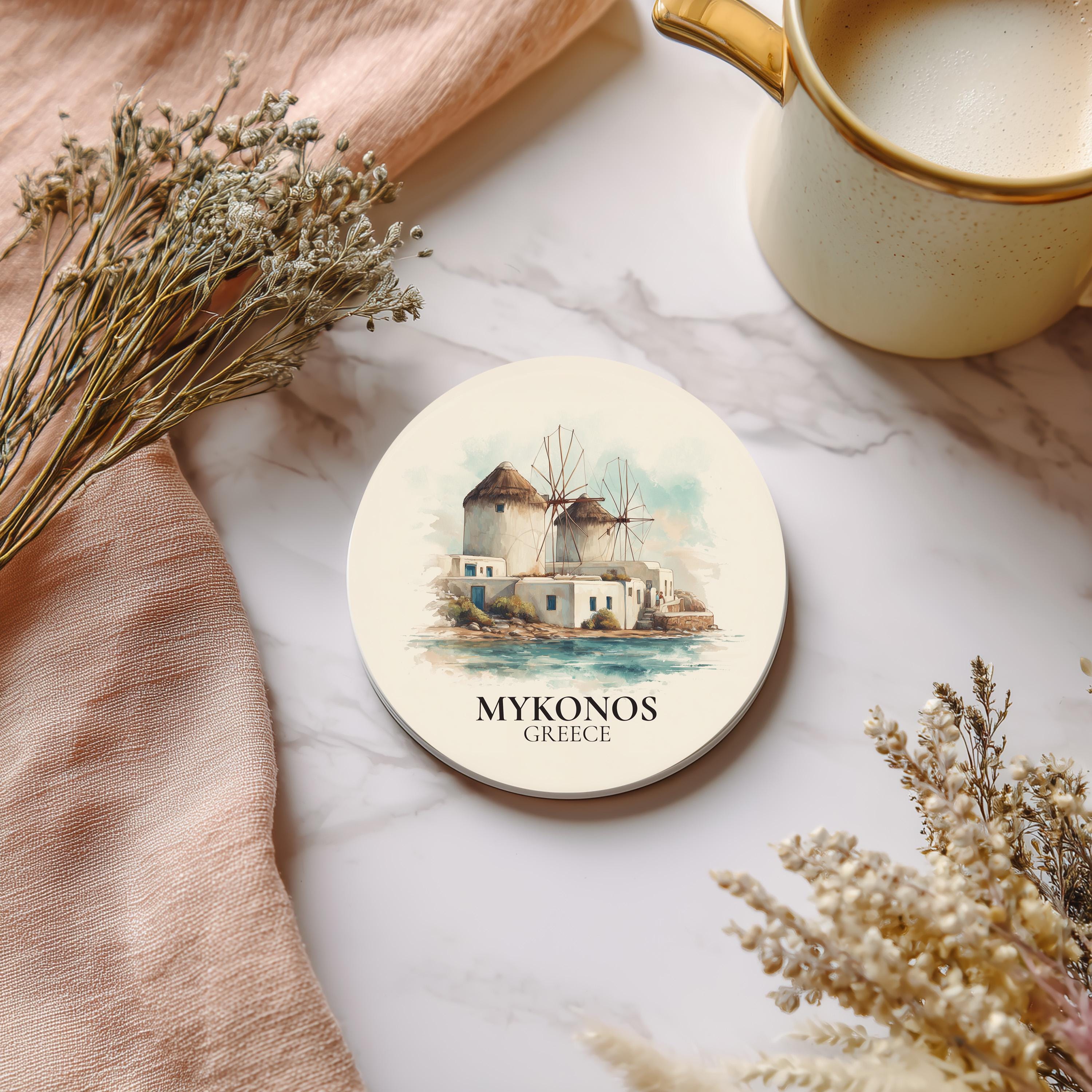 Mykonos Greece2 Coaster, Watercolor Personalized Painting, Travel Gift Souvenir, Home Decor, Ceramic Set