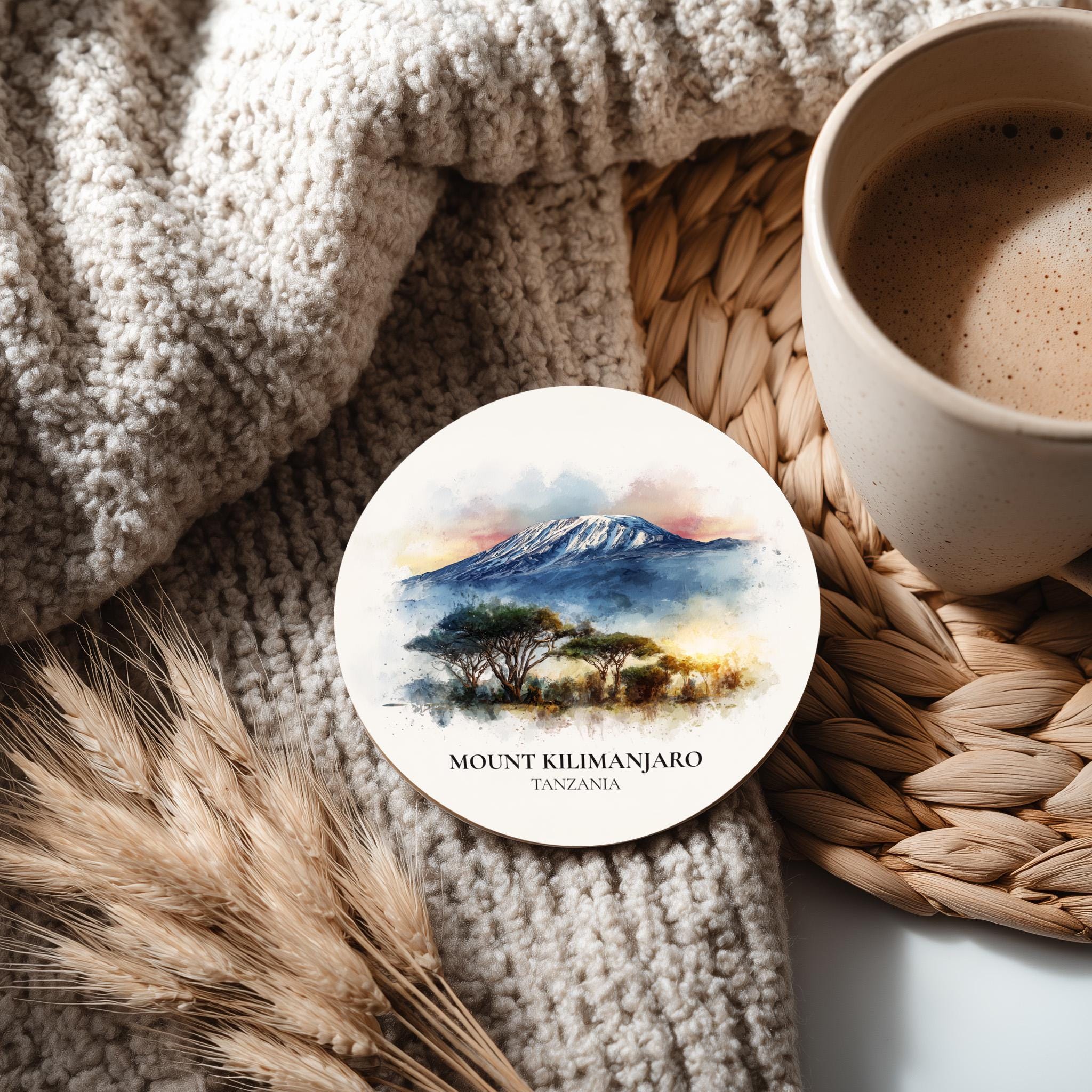 Mount Kilimanjaro Tanzania Coaster, Watercolor Personalized Painting, Travel Gift Souvenir, Home Decor, Ceramic Set