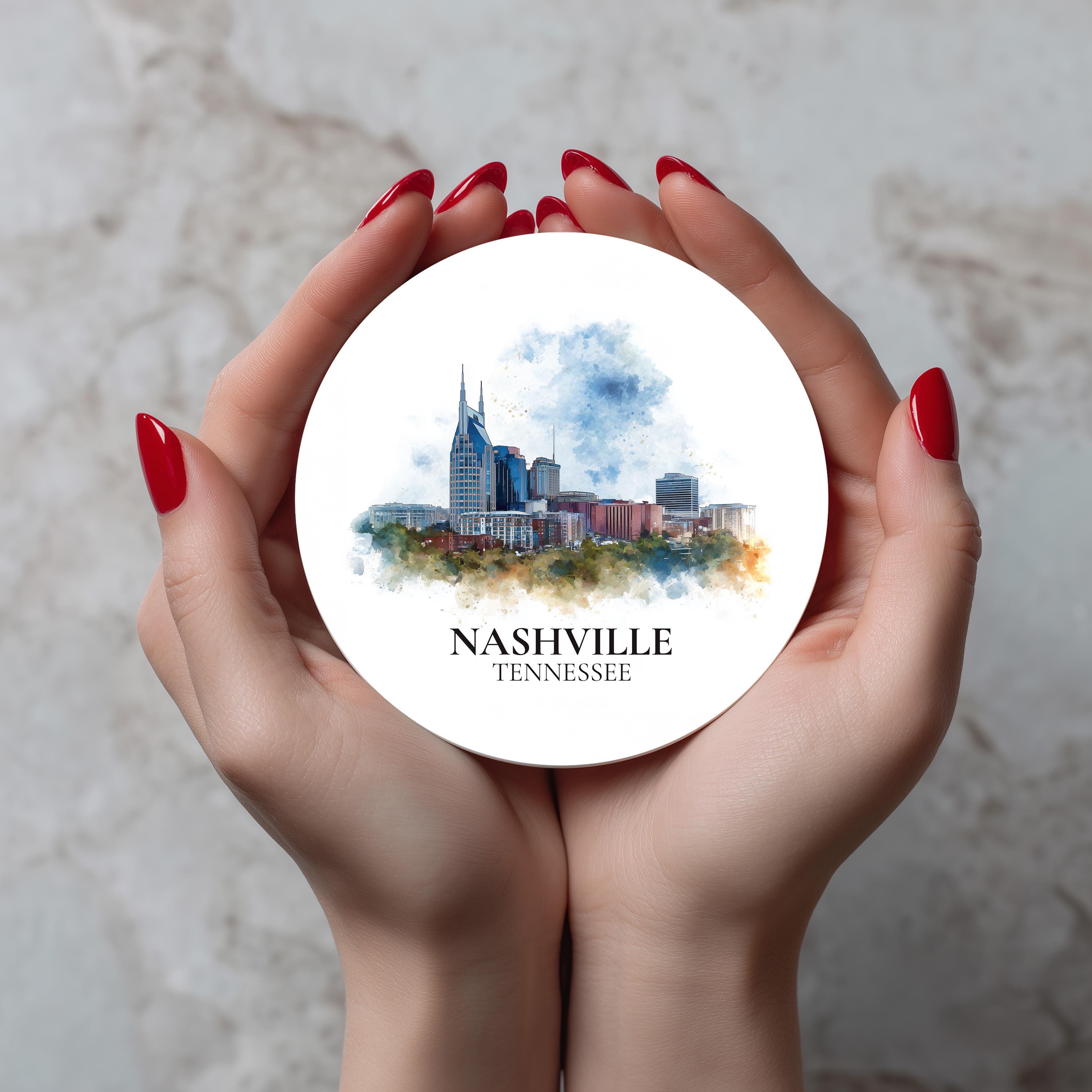 Nashville Tennessee Coaster, Watercolor Personalized Painting, Travel Gift Souvenir, Home Decor, Ceramic Set