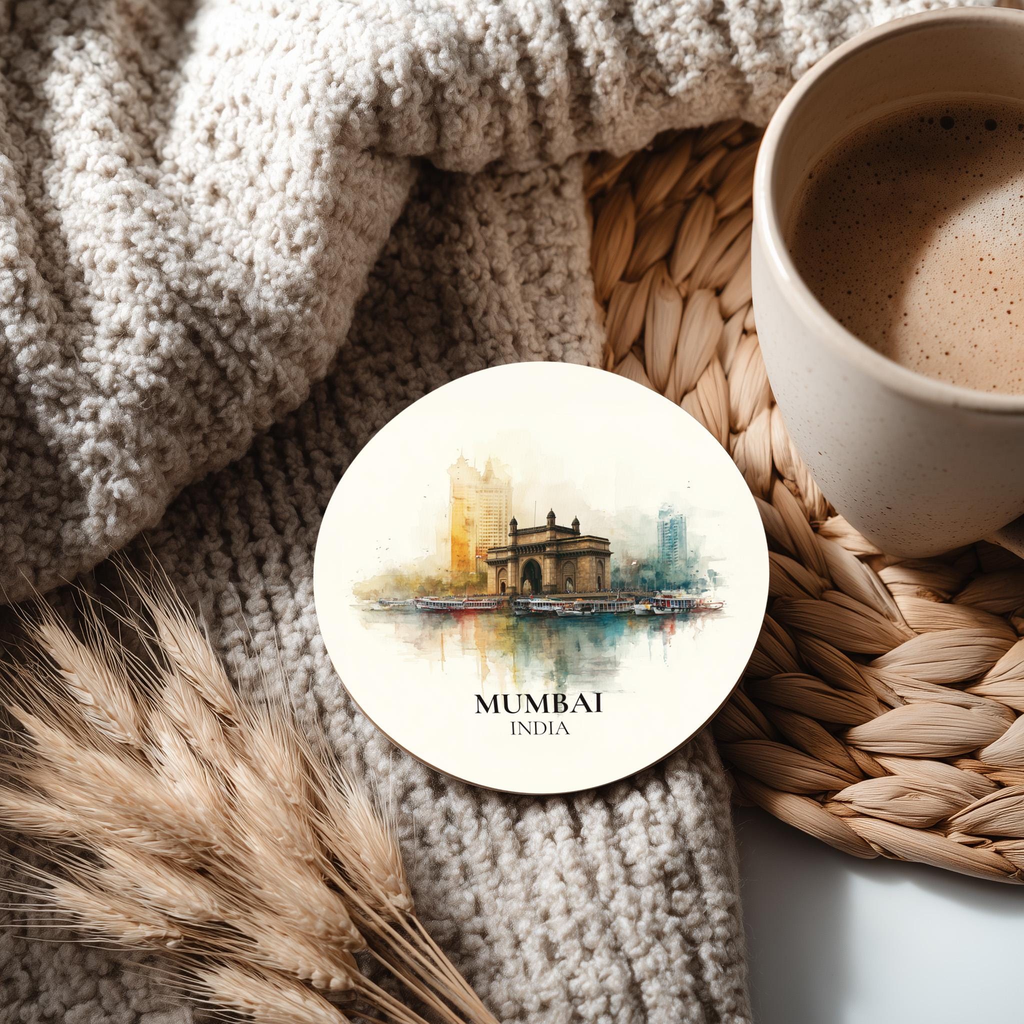 Mumbai India Coaster, Watercolor Personalized Painting, Travel Gift Souvenir, Home Decor, Ceramic Set