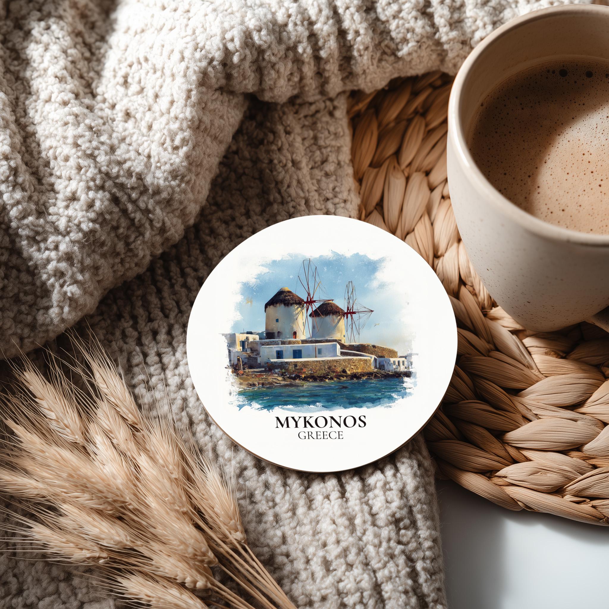 Mykonos Greece Coaster, Watercolor Personalized Painting, Travel Gift Souvenir, Home Decor, Ceramic Set