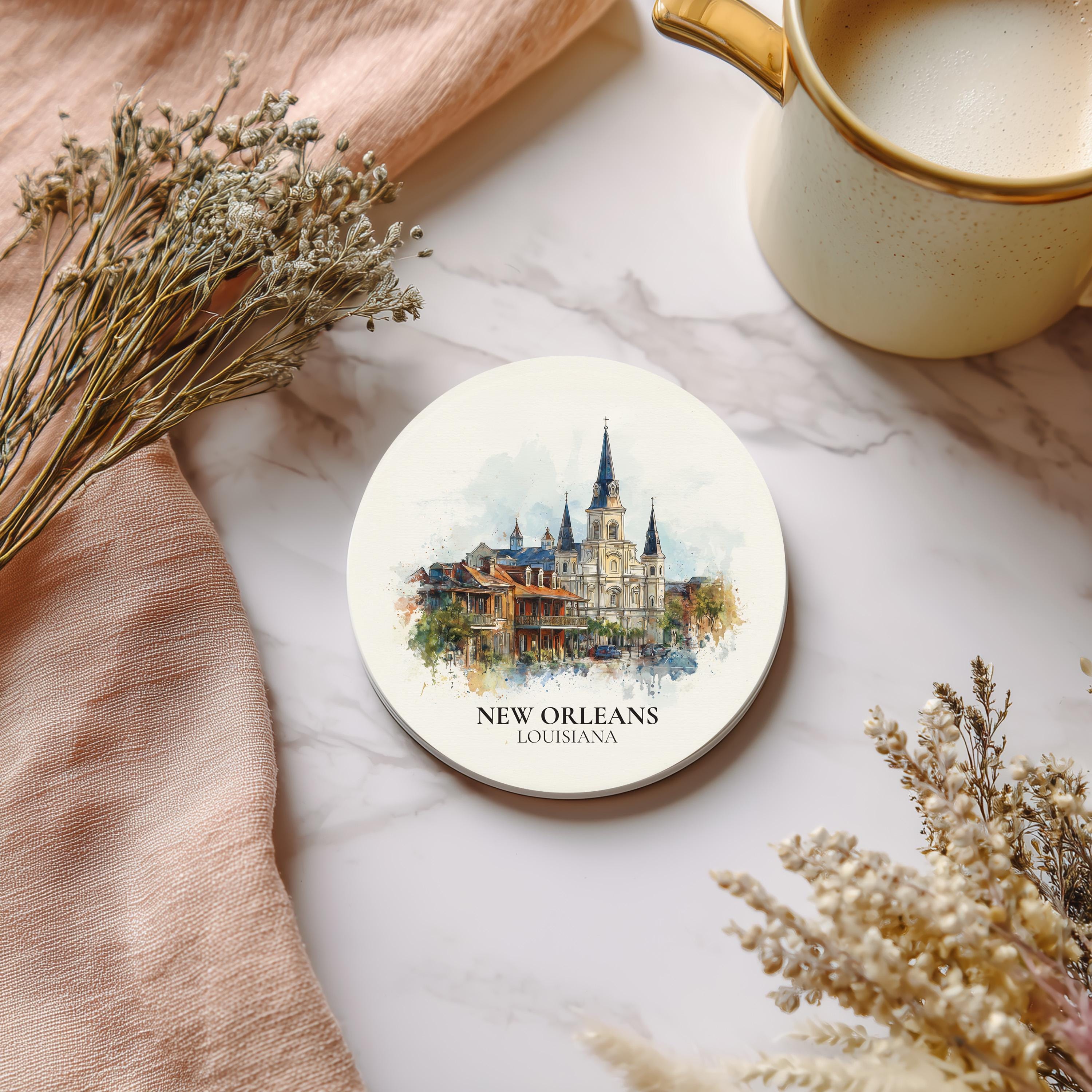 New Orleans Louisiana Coaster, Watercolor Personalized Painting, Travel Gift Souvenir, Home Decor, Ceramic Set