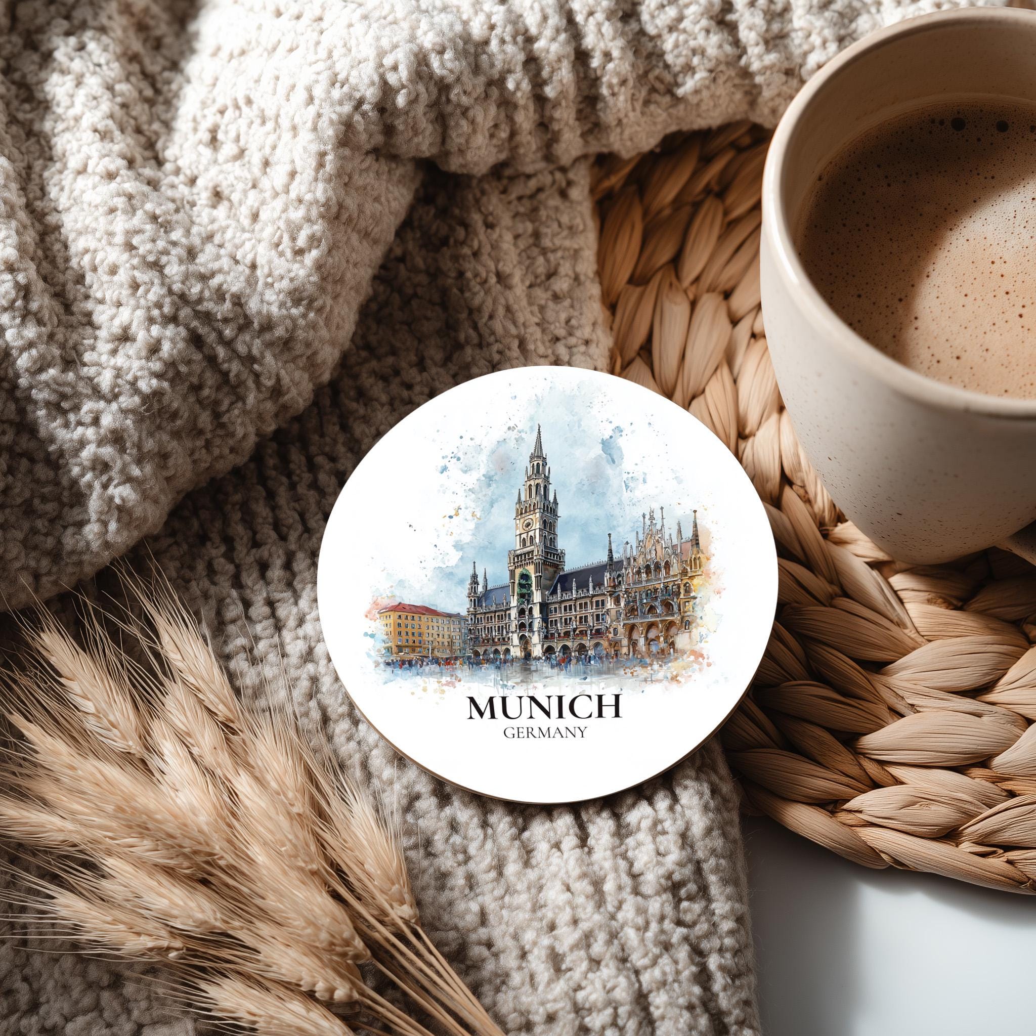 Munich Germany Coaster, Watercolor Personalized Painting, Travel Gift Souvenir, Home Decor, Ceramic Set