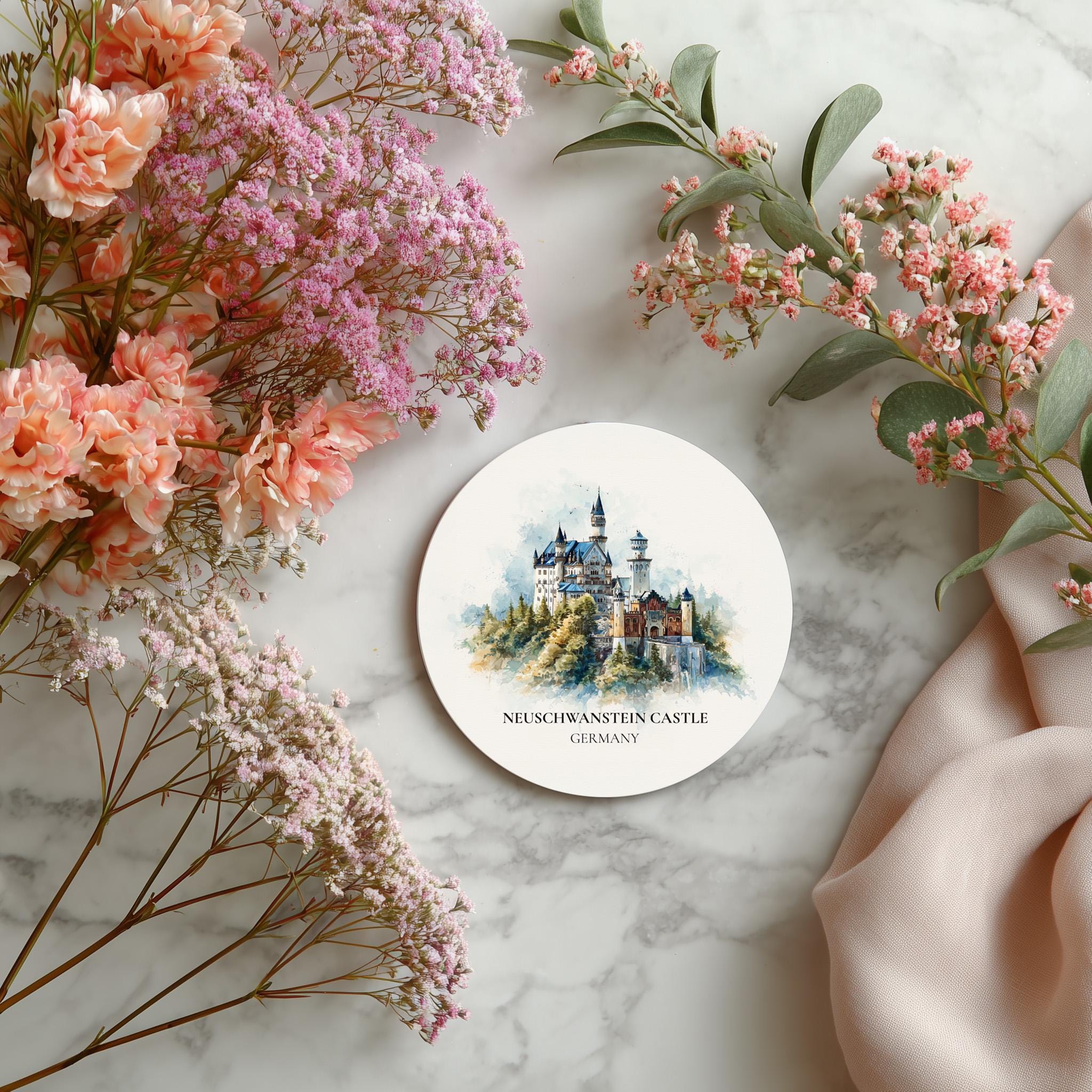 Neuschwanstein Castle Germany Coaster, Watercolor Personalized Painting, Travel Gift Souvenir, Home Decor, Ceramic Set