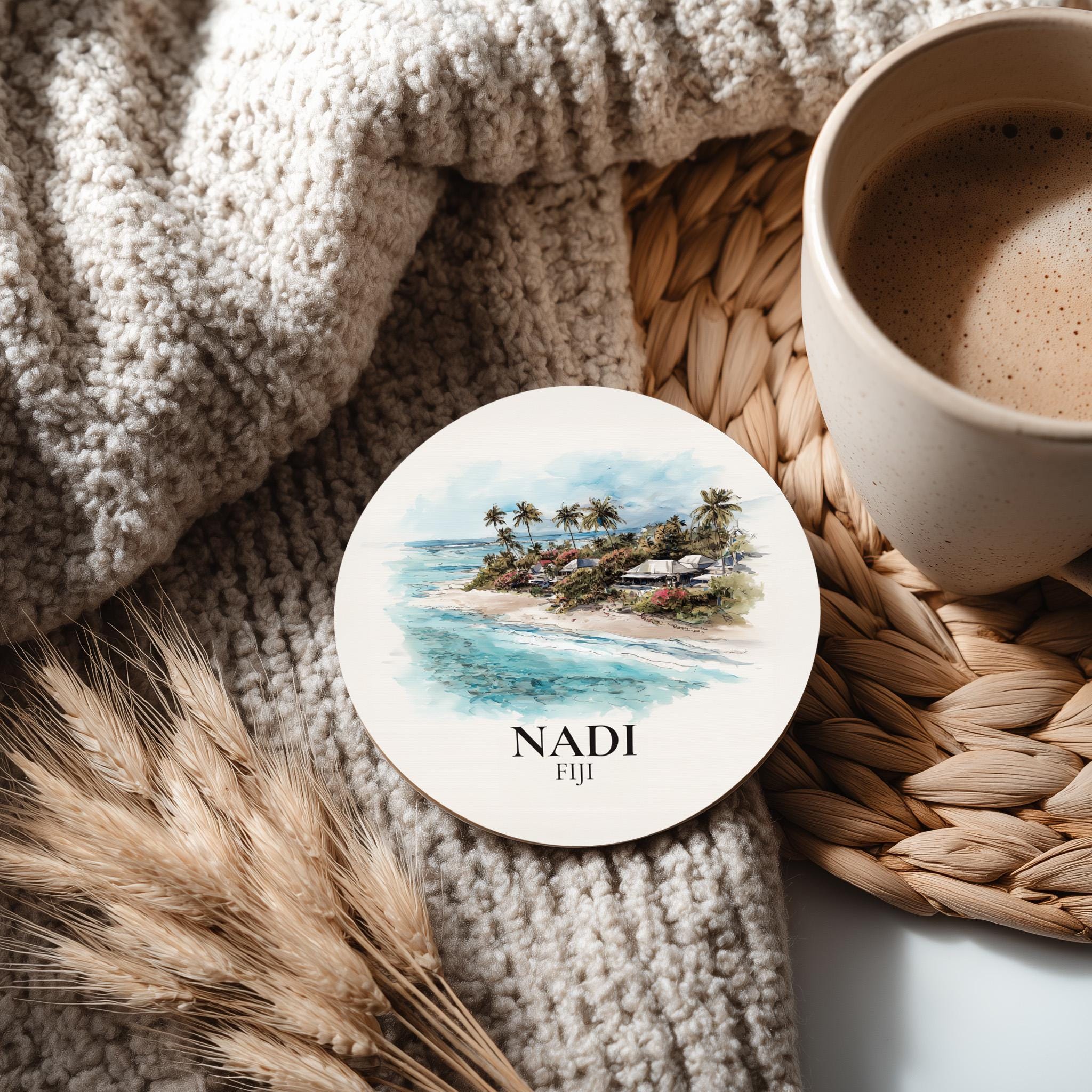 Nadi Fiji Coaster, Watercolor Personalized Painting, Travel Gift Souvenir, Home Decor, Ceramic Set