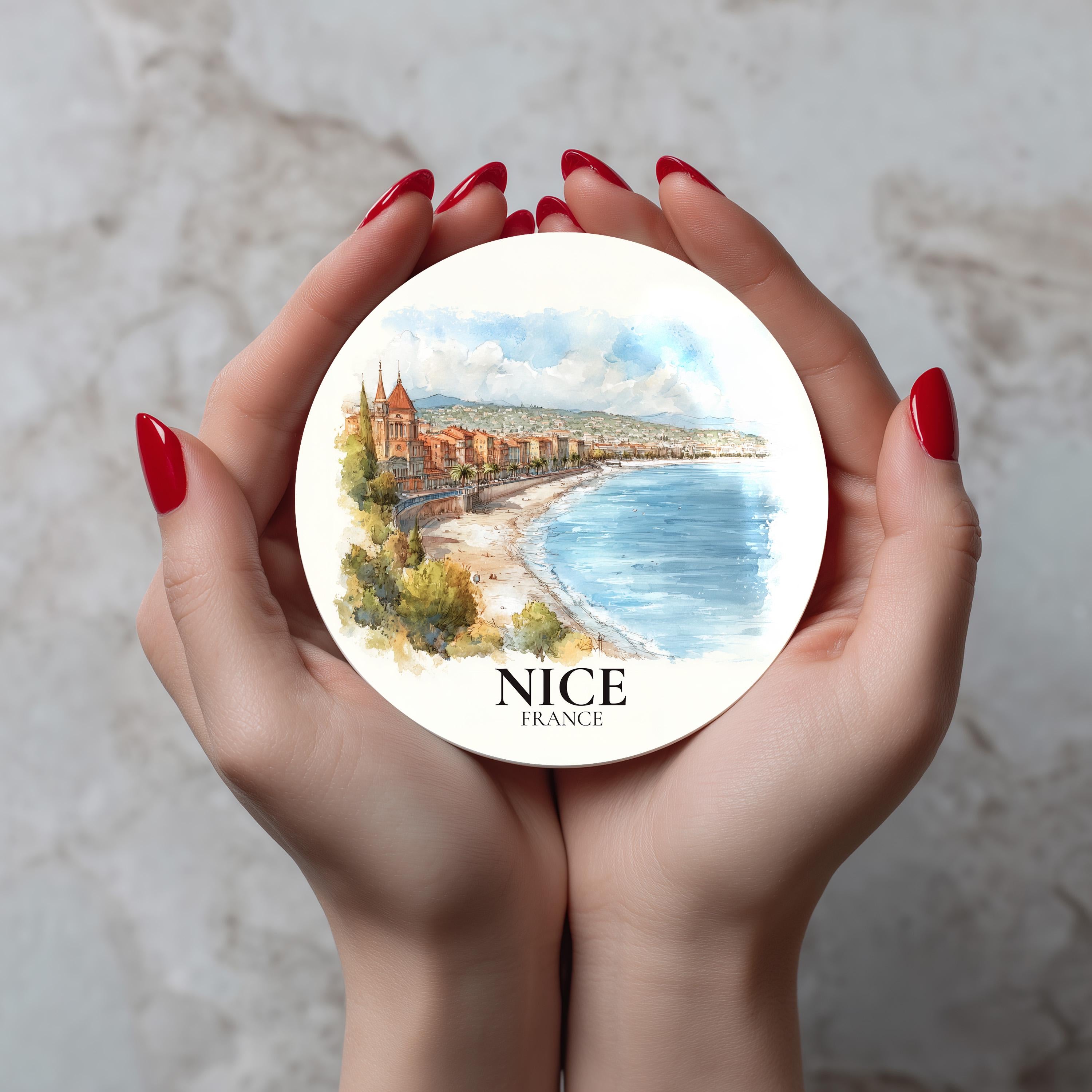 Nice France Coaster, Watercolor Personalized Painting, Travel Gift Souvenir, Home Decor, Ceramic Set