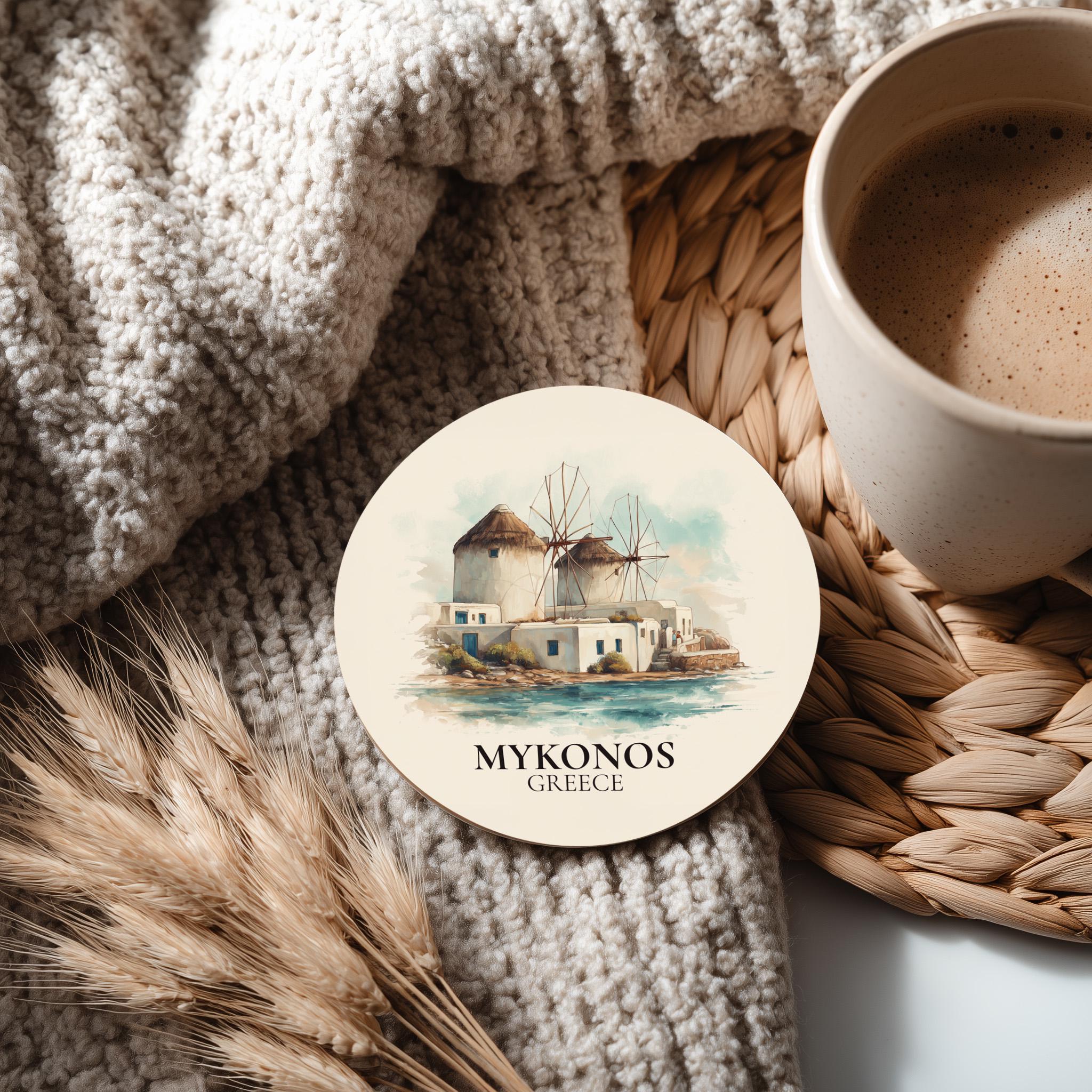 Mykonos Greece2 Coaster, Watercolor Personalized Painting, Travel Gift Souvenir, Home Decor, Ceramic Set
