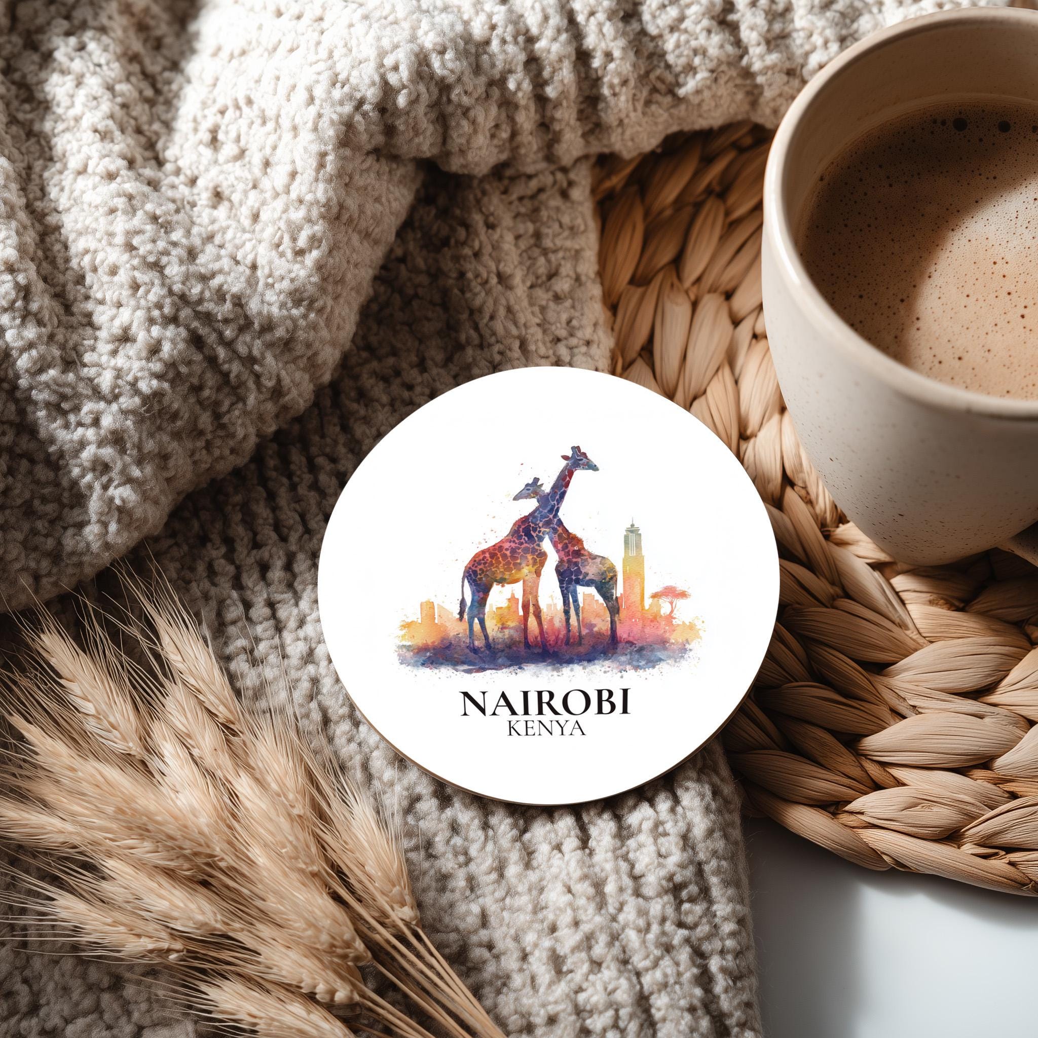 Nairobi Kenya Coaster, Watercolor Personalized Painting, Travel Gift Souvenir, Home Decor, Ceramic Set