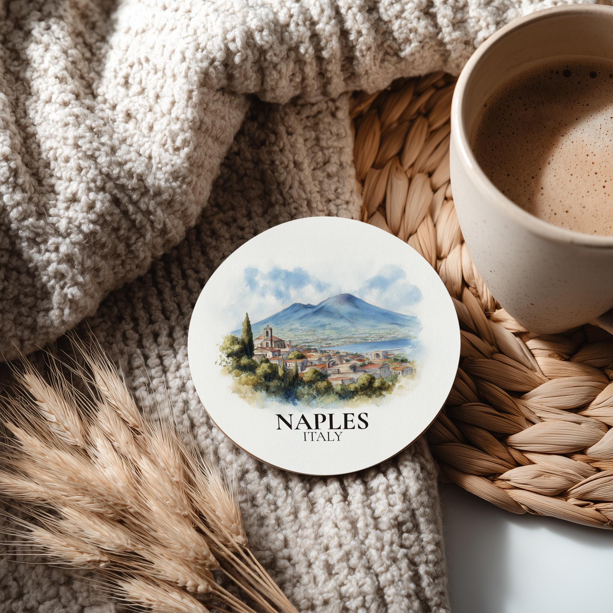 Naples Italy Coaster, Watercolor Personalized Painting, Travel Gift Souvenir, Home Decor, Ceramic Set