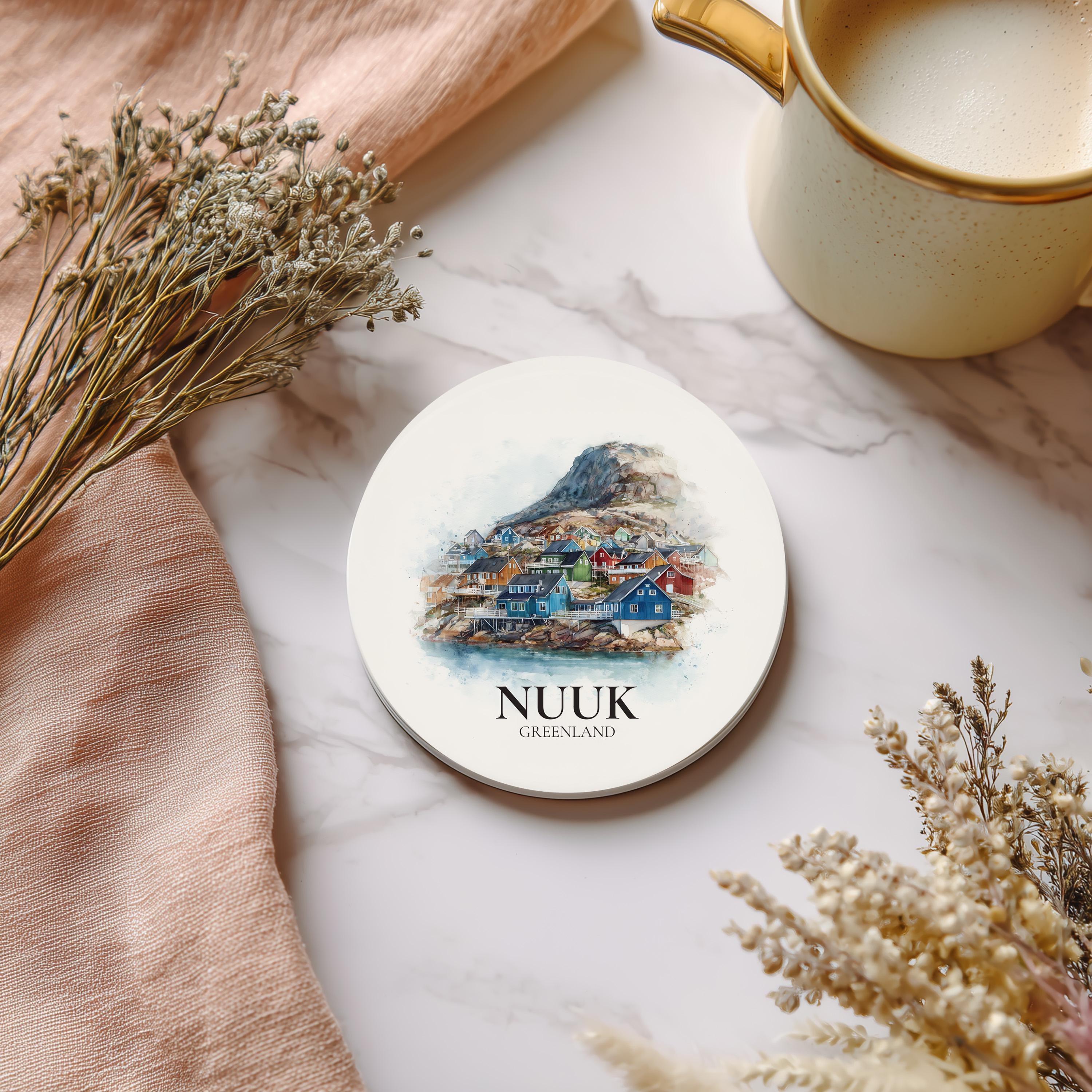 Nuuk Greenland Coaster, Watercolor Personalized Painting, Travel Gift Souvenir, Home Decor, Ceramic Set