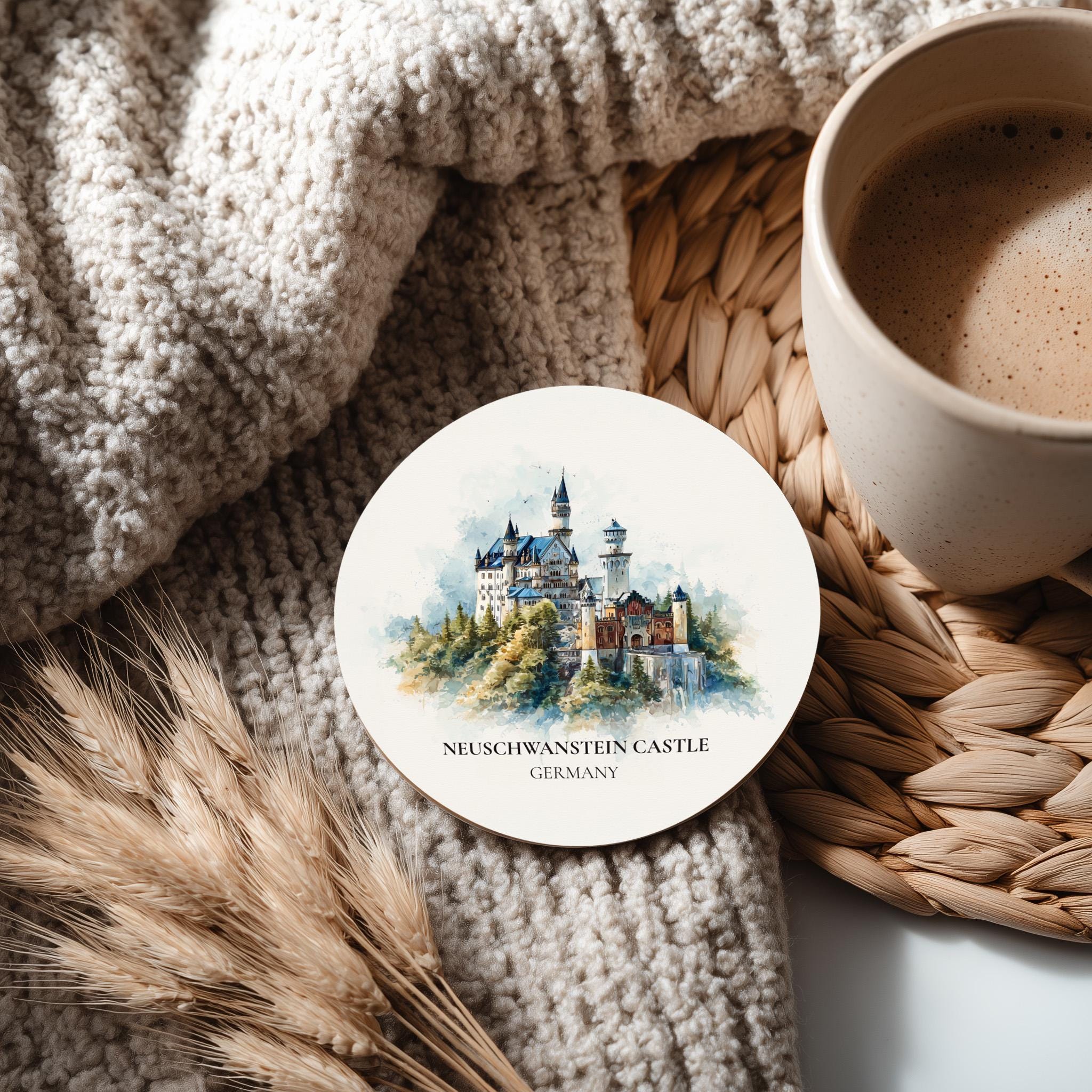 Neuschwanstein Castle Germany Coaster, Watercolor Personalized Painting, Travel Gift Souvenir, Home Decor, Ceramic Set