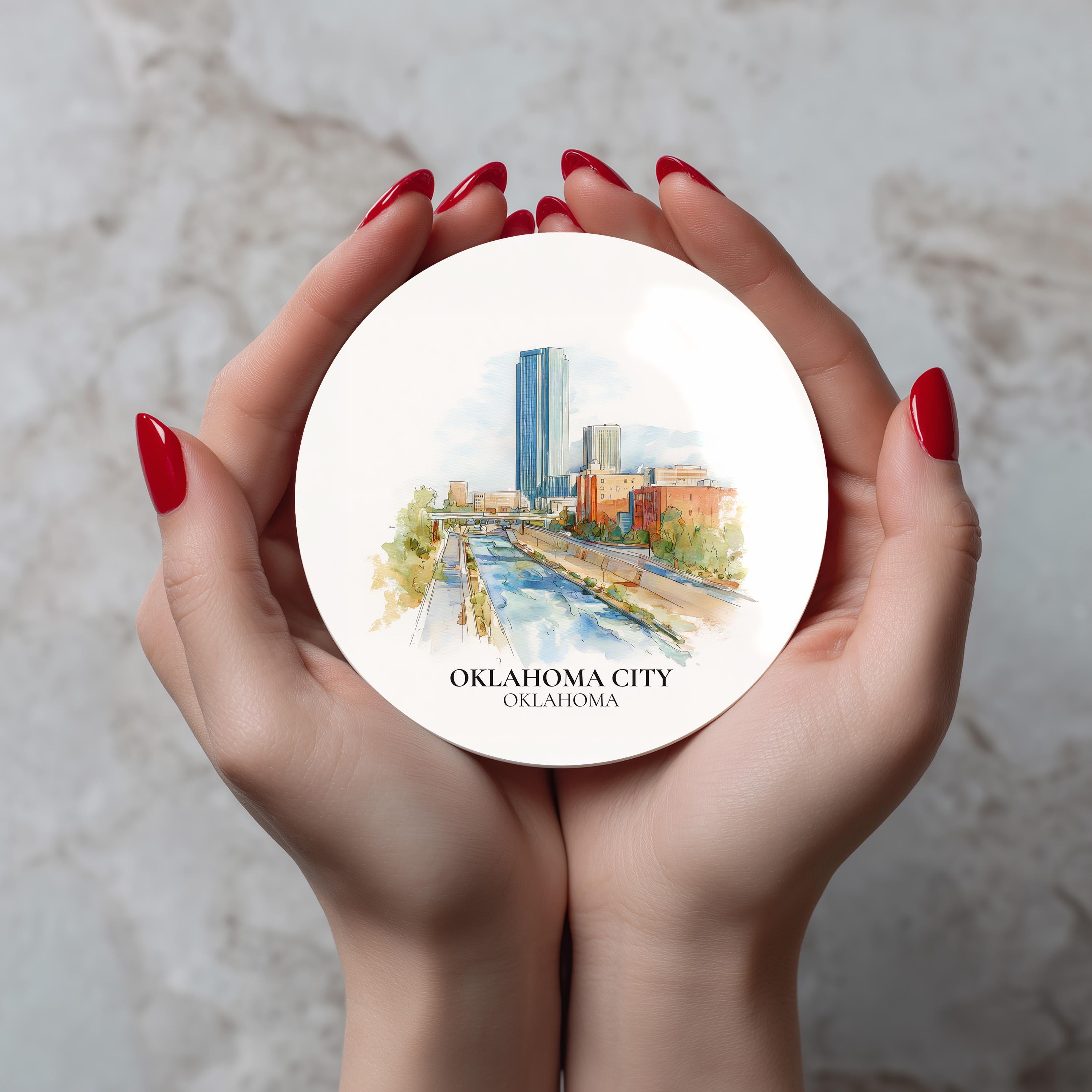 Oklahoma City Oklahoma Coaster, Watercolor Personalized Painting, Travel Gift Souvenir, Home Decor, Ceramic Set