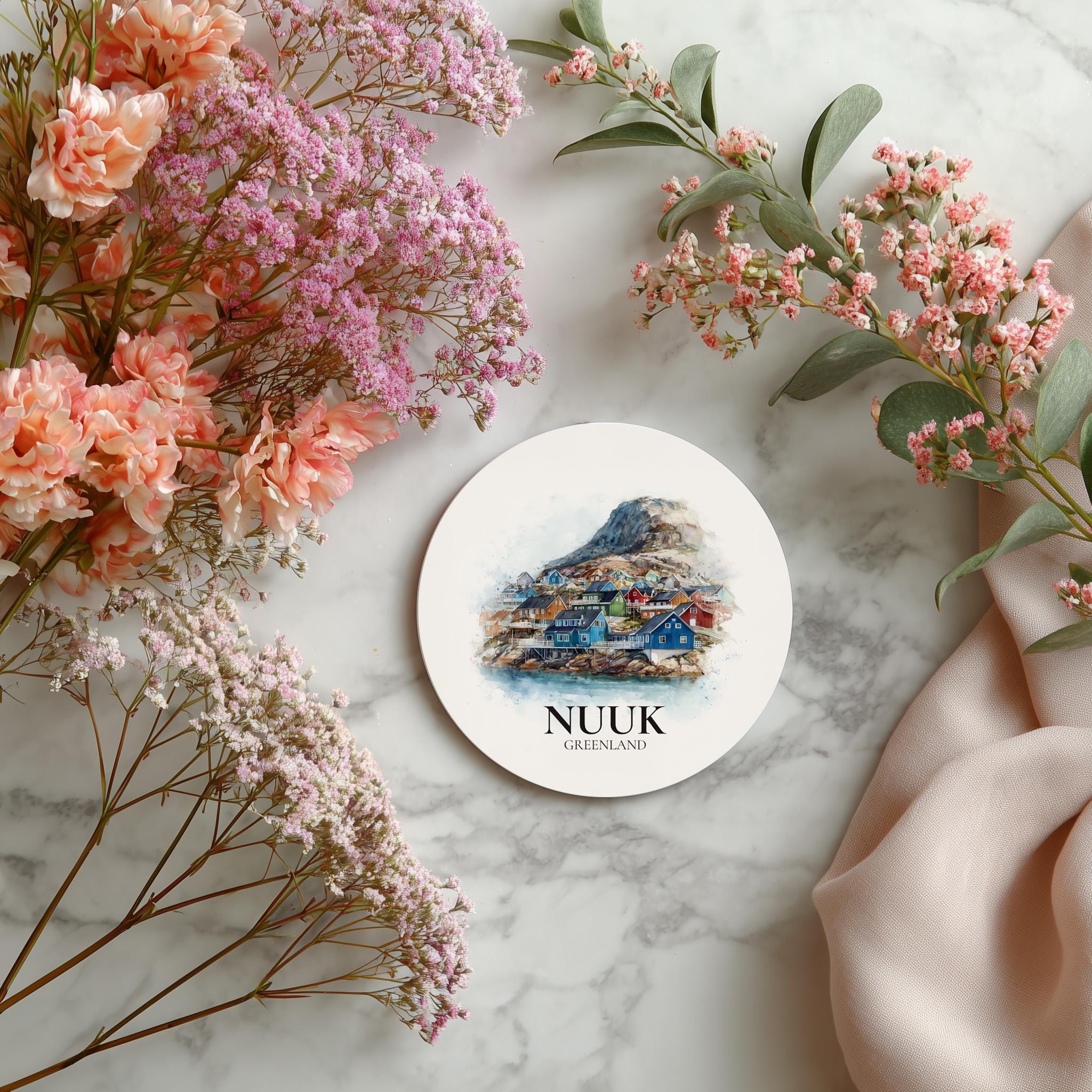 Nuuk Greenland Coaster, Watercolor Personalized Painting, Travel Gift Souvenir, Home Decor, Ceramic Set