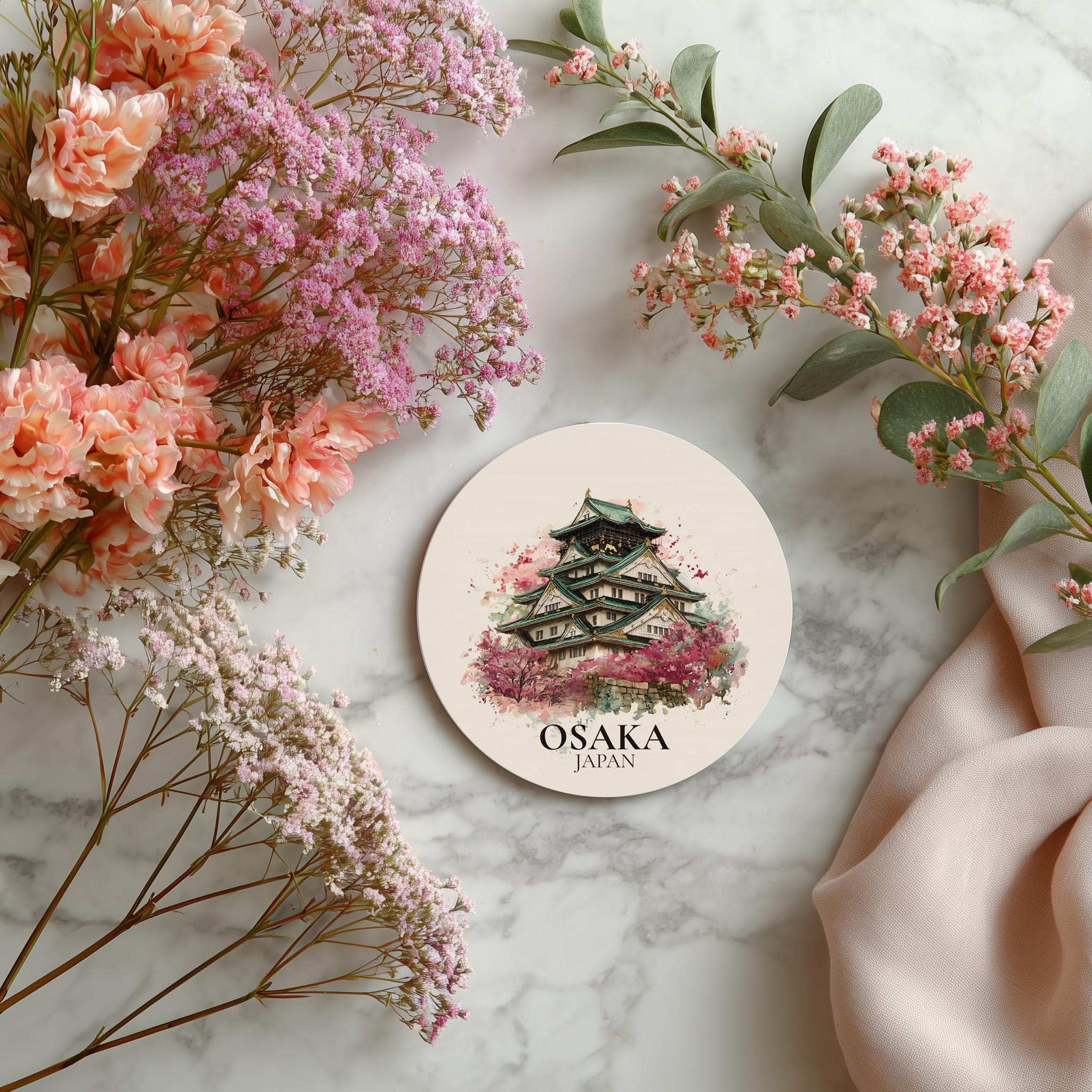 Osaka Japan Coaster, Watercolor Personalized Painting, Travel Gift Souvenir, Home Decor, Ceramic Set