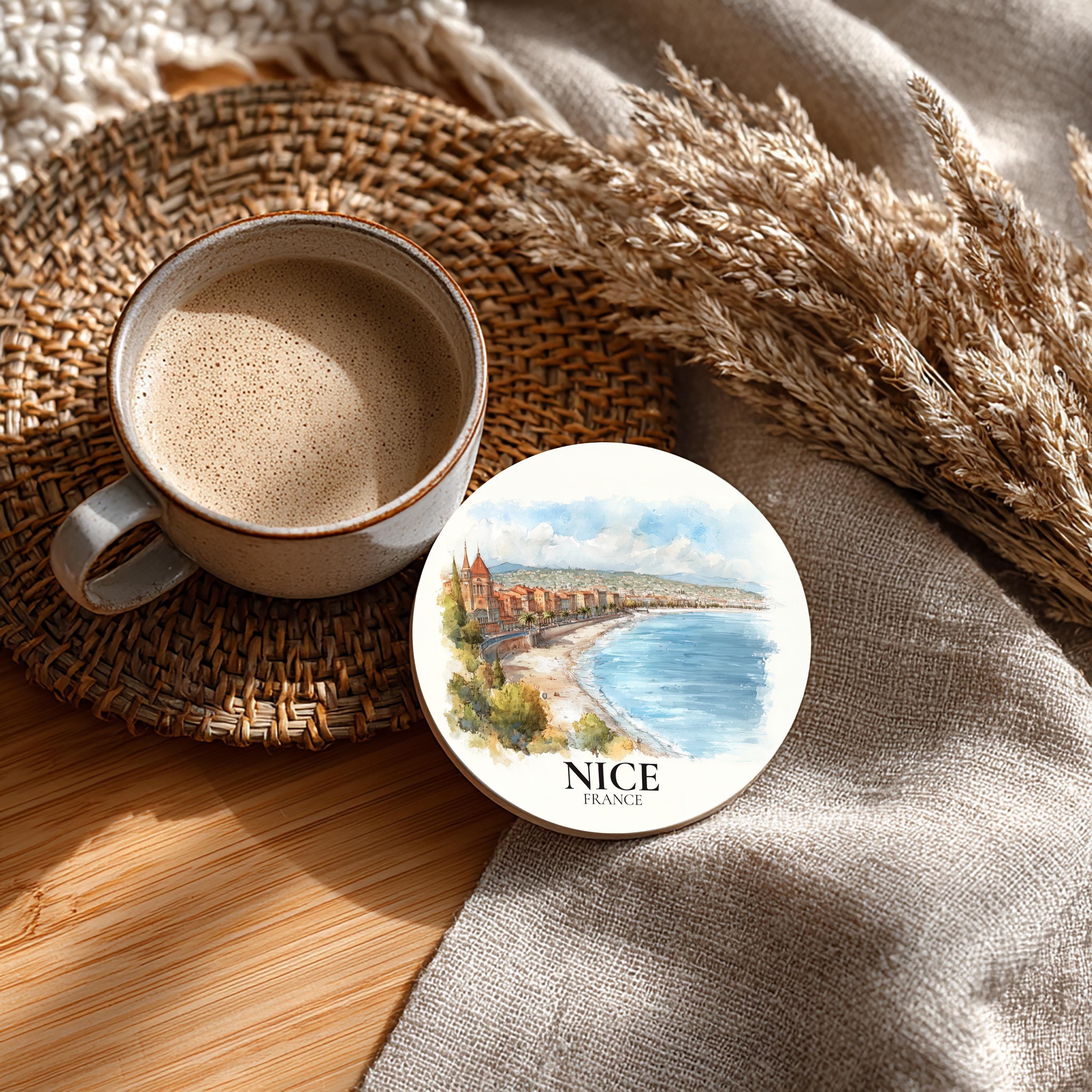 Nice France Coaster, Watercolor Personalized Painting, Travel Gift Souvenir, Home Decor, Ceramic Set