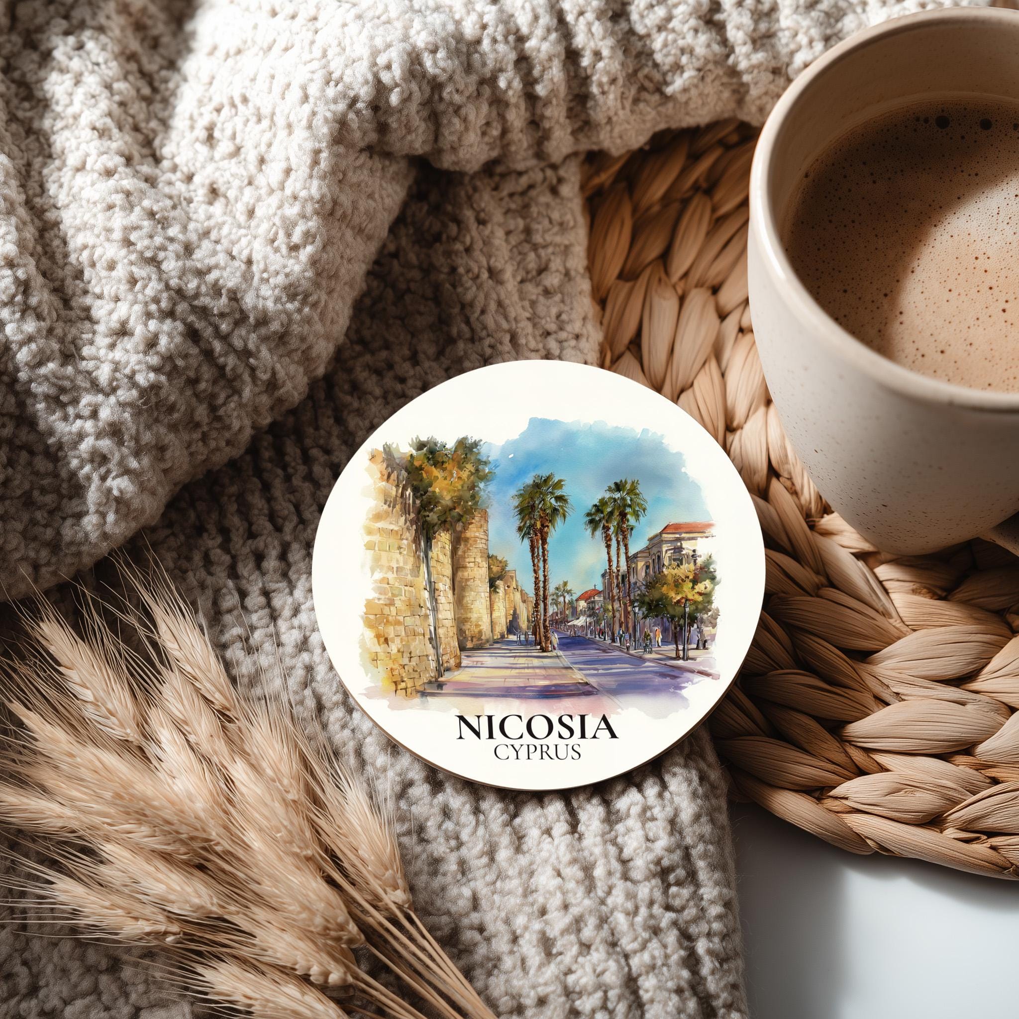 Nicosia Cyprus Coaster, Watercolor Personalized Painting, Travel Gift Souvenir, Home Decor, Ceramic Set