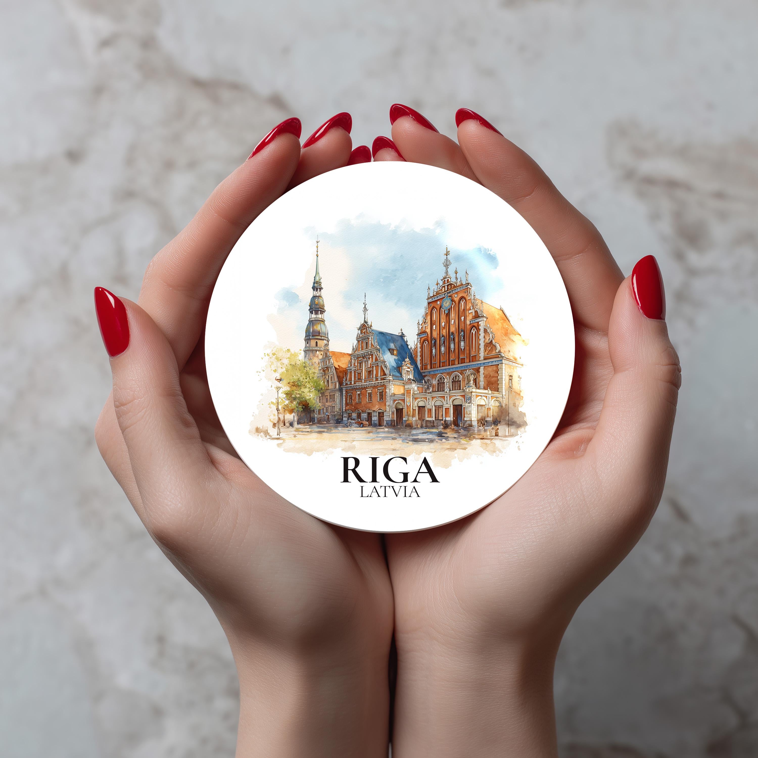 Riga Latvia Coaster, Watercolor Personalized Painting, Travel Gift Souvenir, Home Decor, Ceramic Set