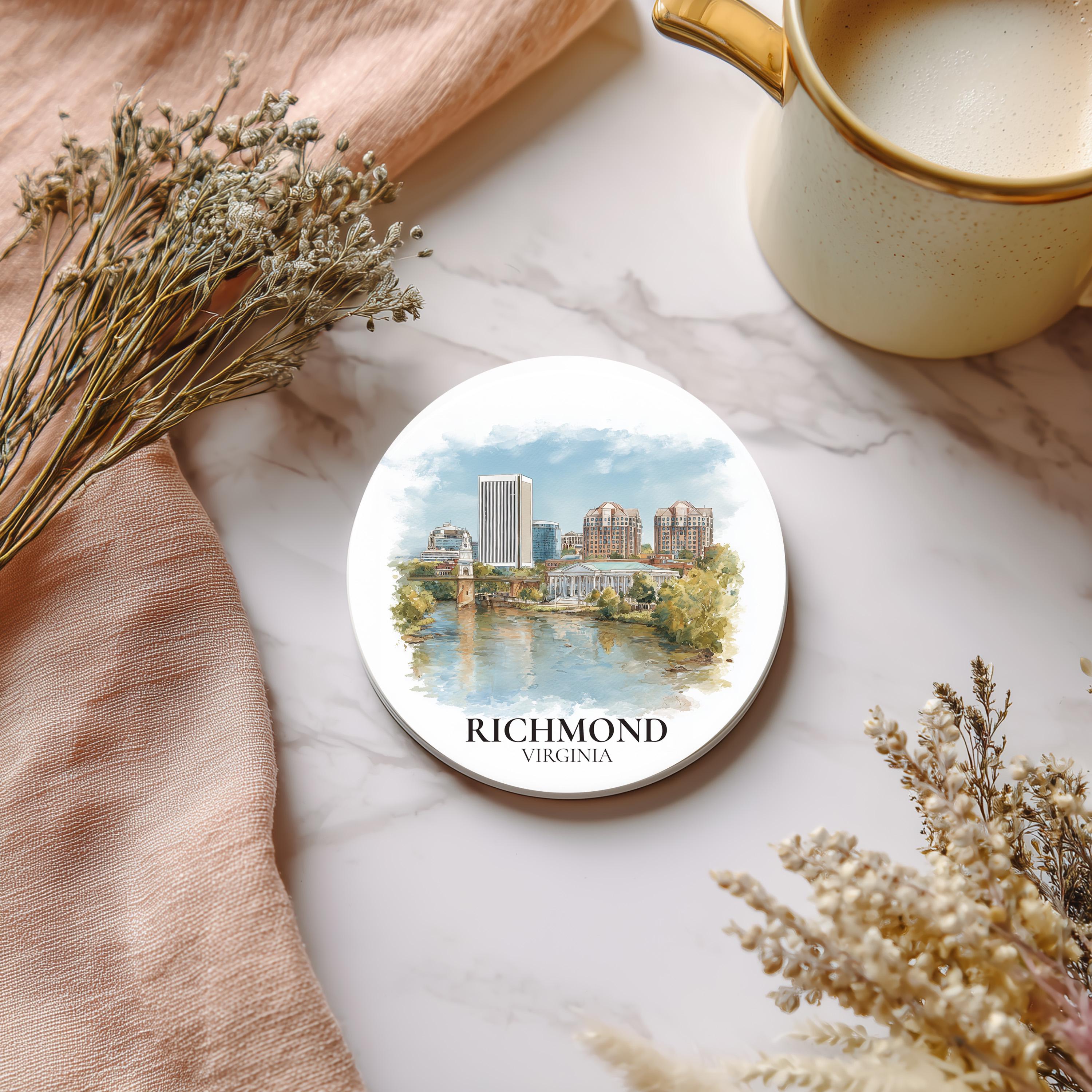 Richmond Virginia Coaster, Watercolor Personalized Painting, Travel Gift Souvenir, Home Decor, Ceramic Set