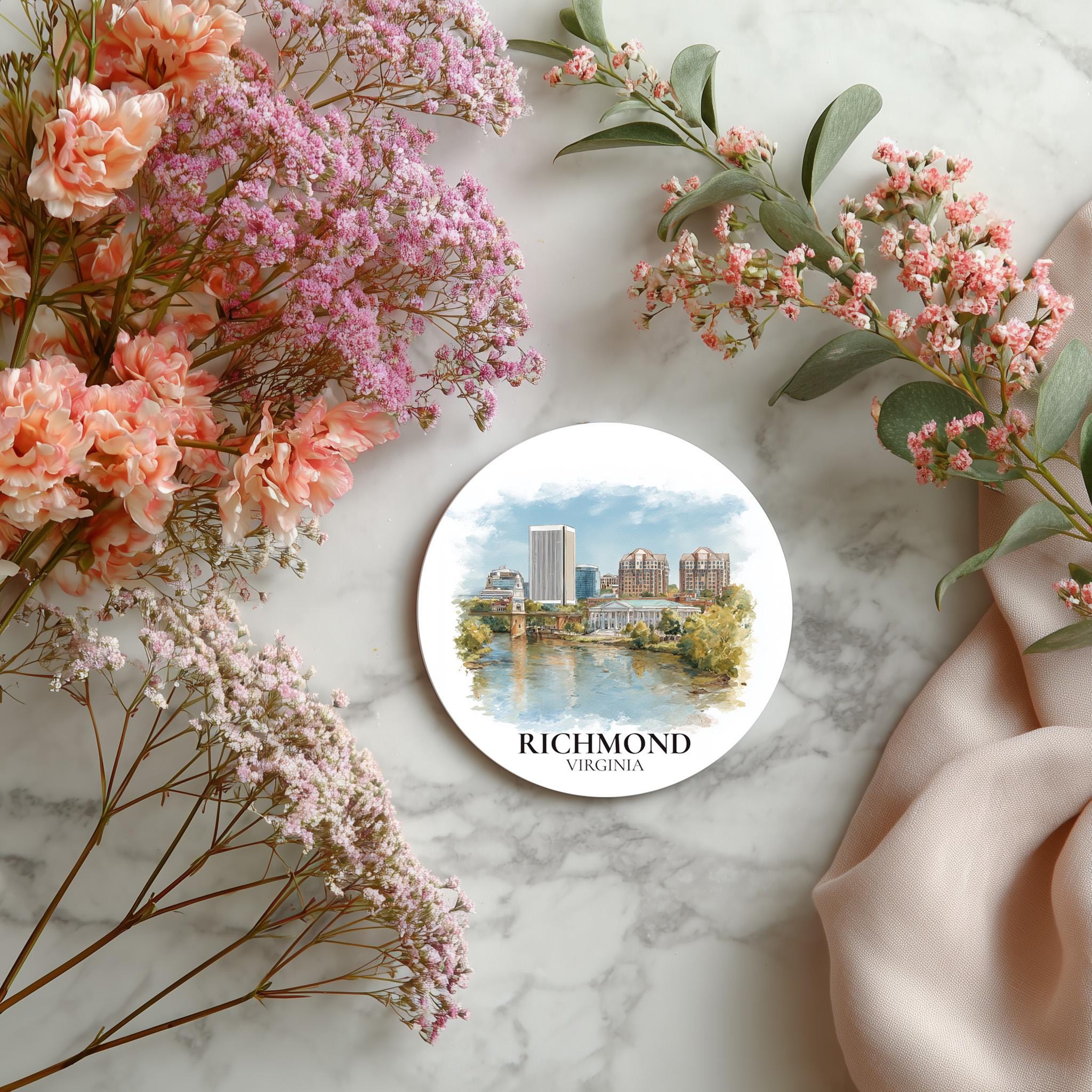 Richmond Virginia Coaster, Watercolor Personalized Painting, Travel Gift Souvenir, Home Decor, Ceramic Set
