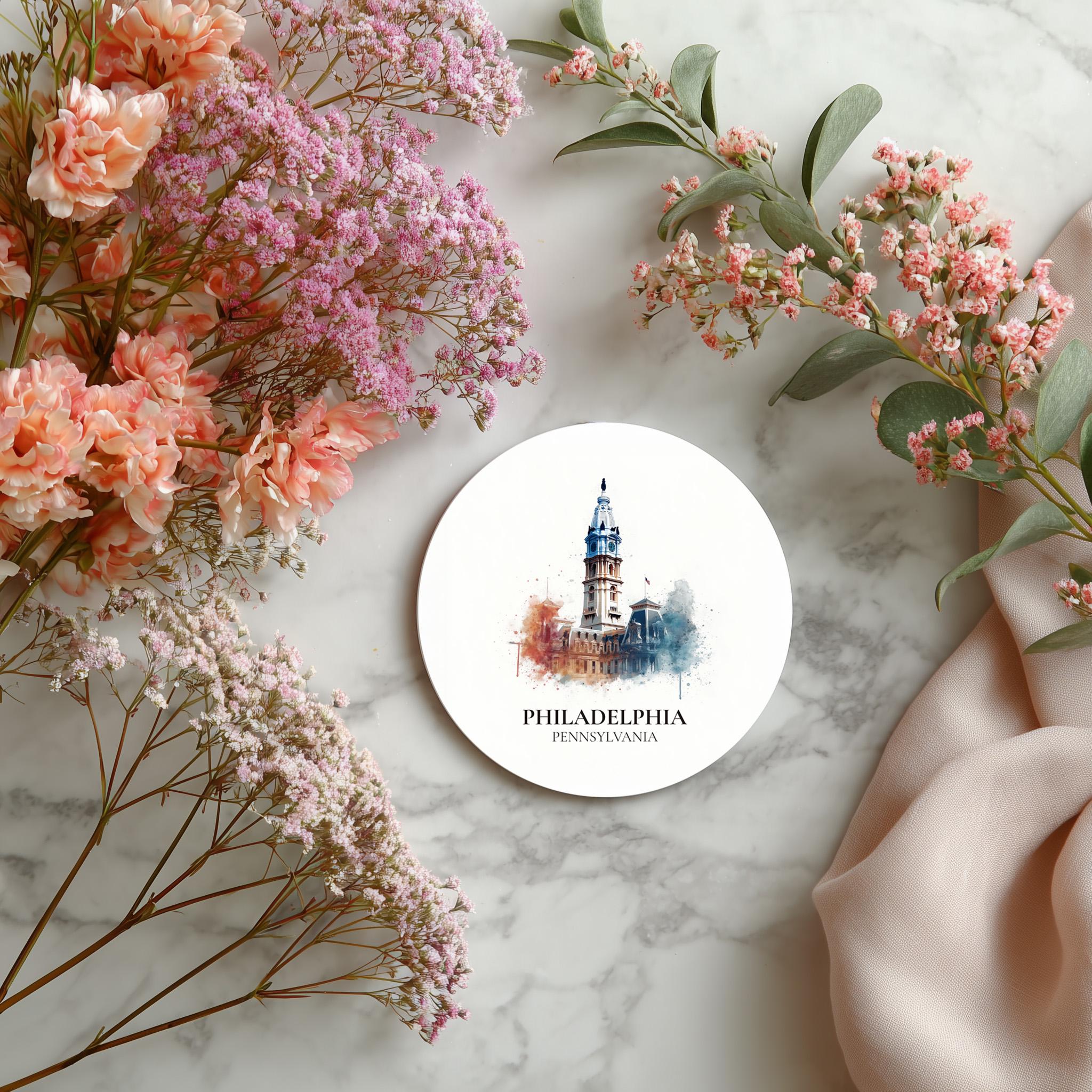 Philadelphia Pennsylvania Coaster, Watercolor Personalized Painting, Travel Gift Souvenir, Home Decor, Ceramic Set