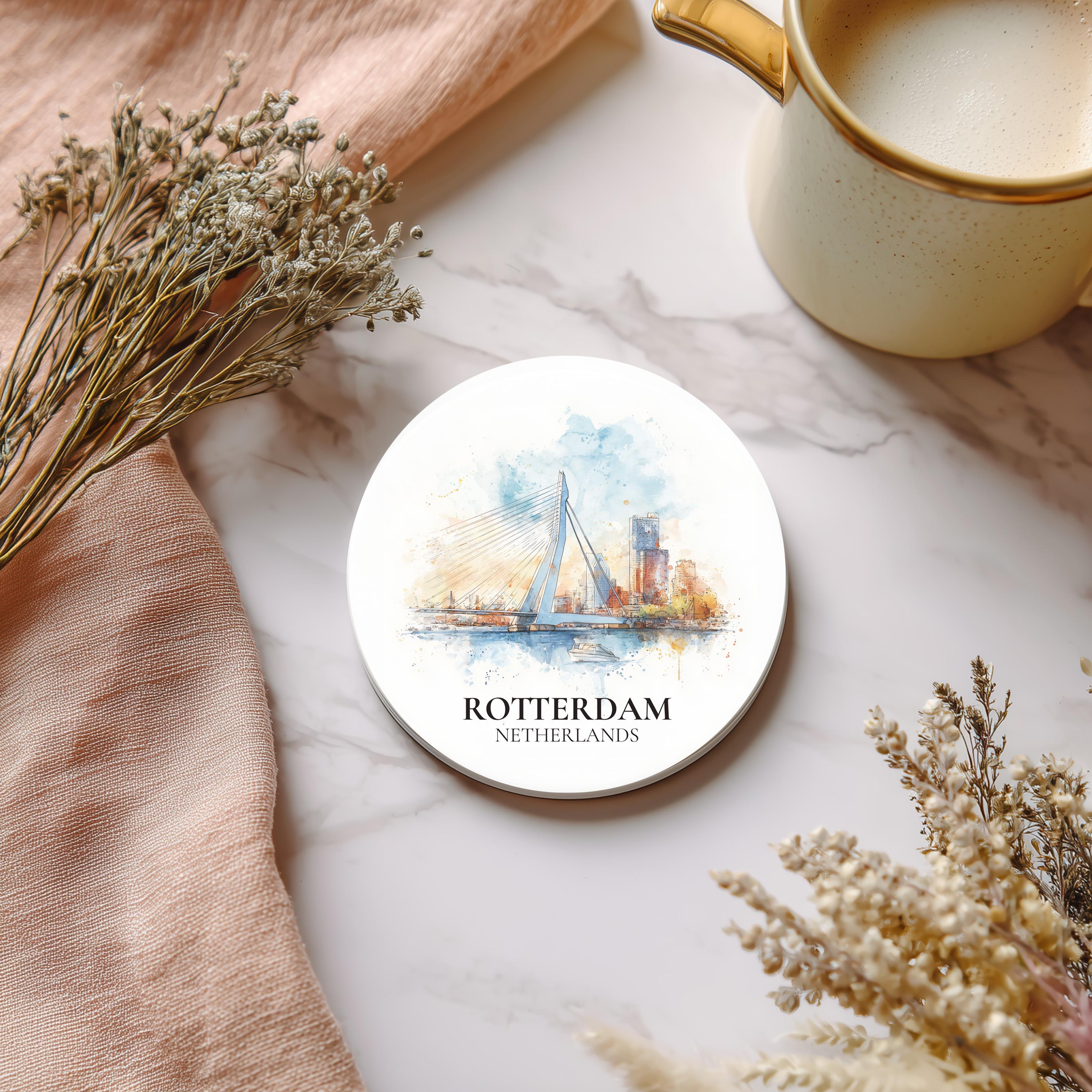 Rotterdam Netherlands Coaster, Watercolor Personalized Painting, Travel Gift Souvenir, Home Decor, Ceramic Set